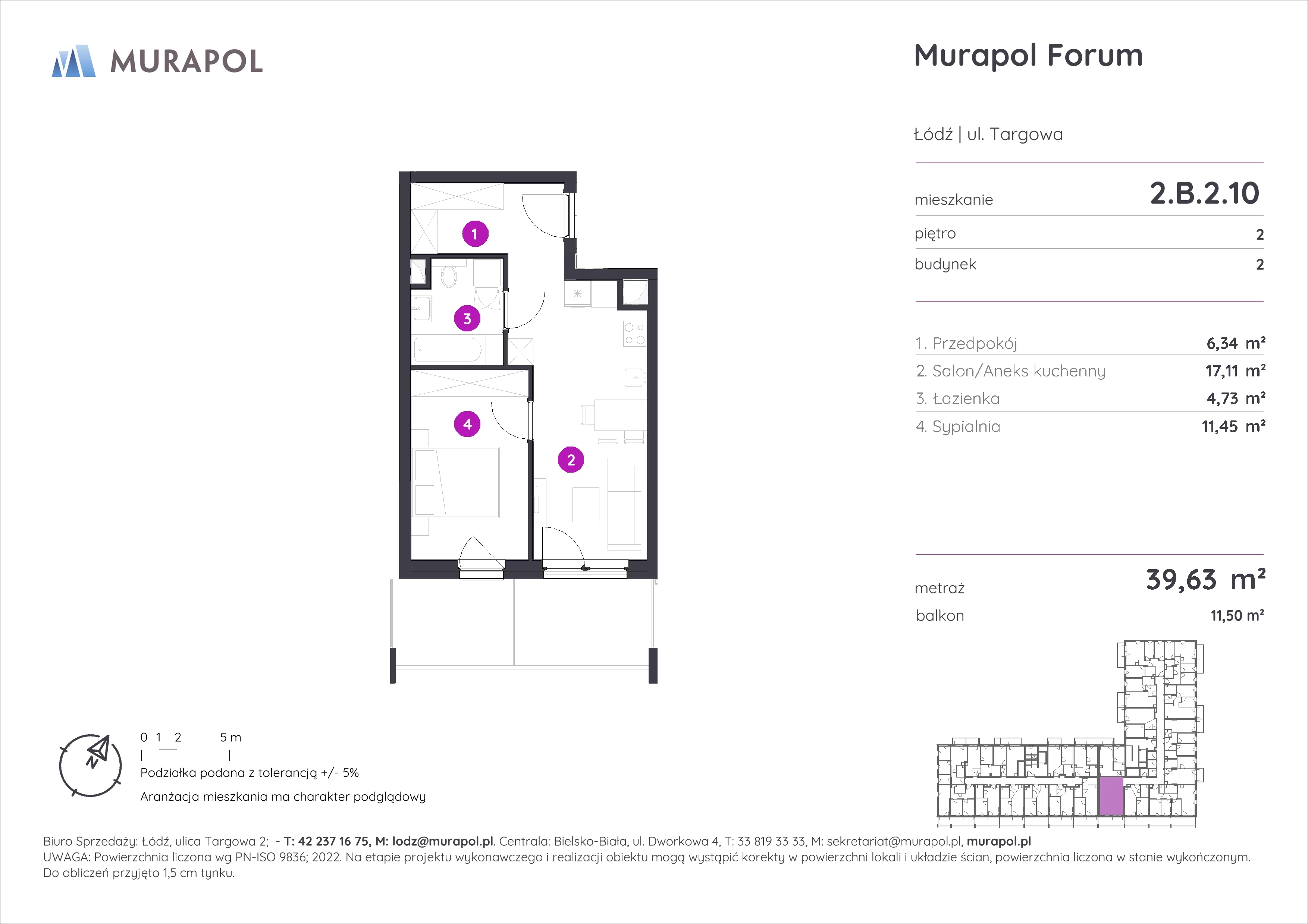 2 pokoje, mieszkanie 39,63 m², piętro 2, oferta nr 2.B.2.10, Murapol Forum, Łódź, Śródmieście, ul. Targowa