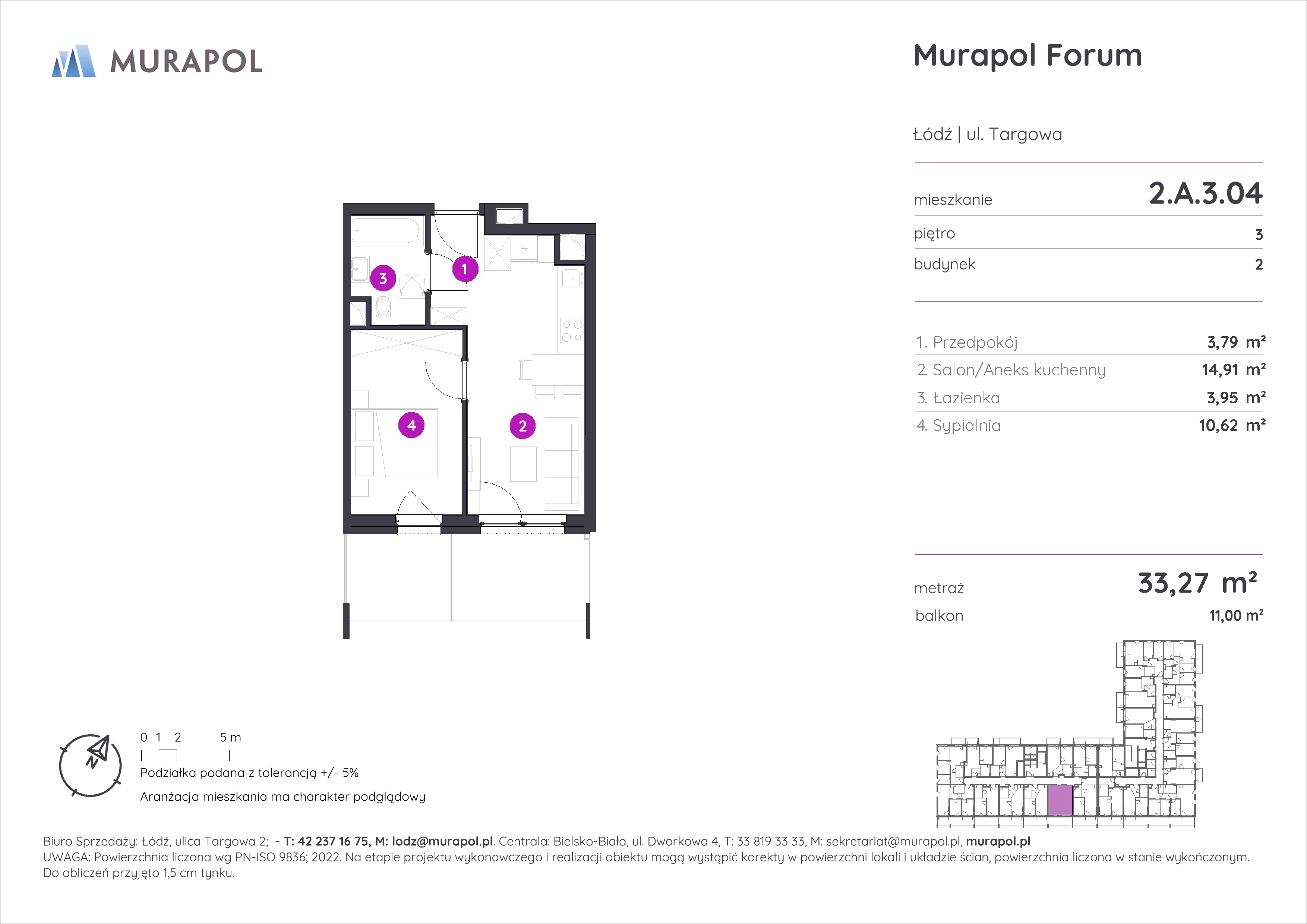 2 pokoje, mieszkanie 33,27 m², piętro 3, oferta nr 2.A.3.04, Murapol Forum, Łódź, Śródmieście, ul. Targowa