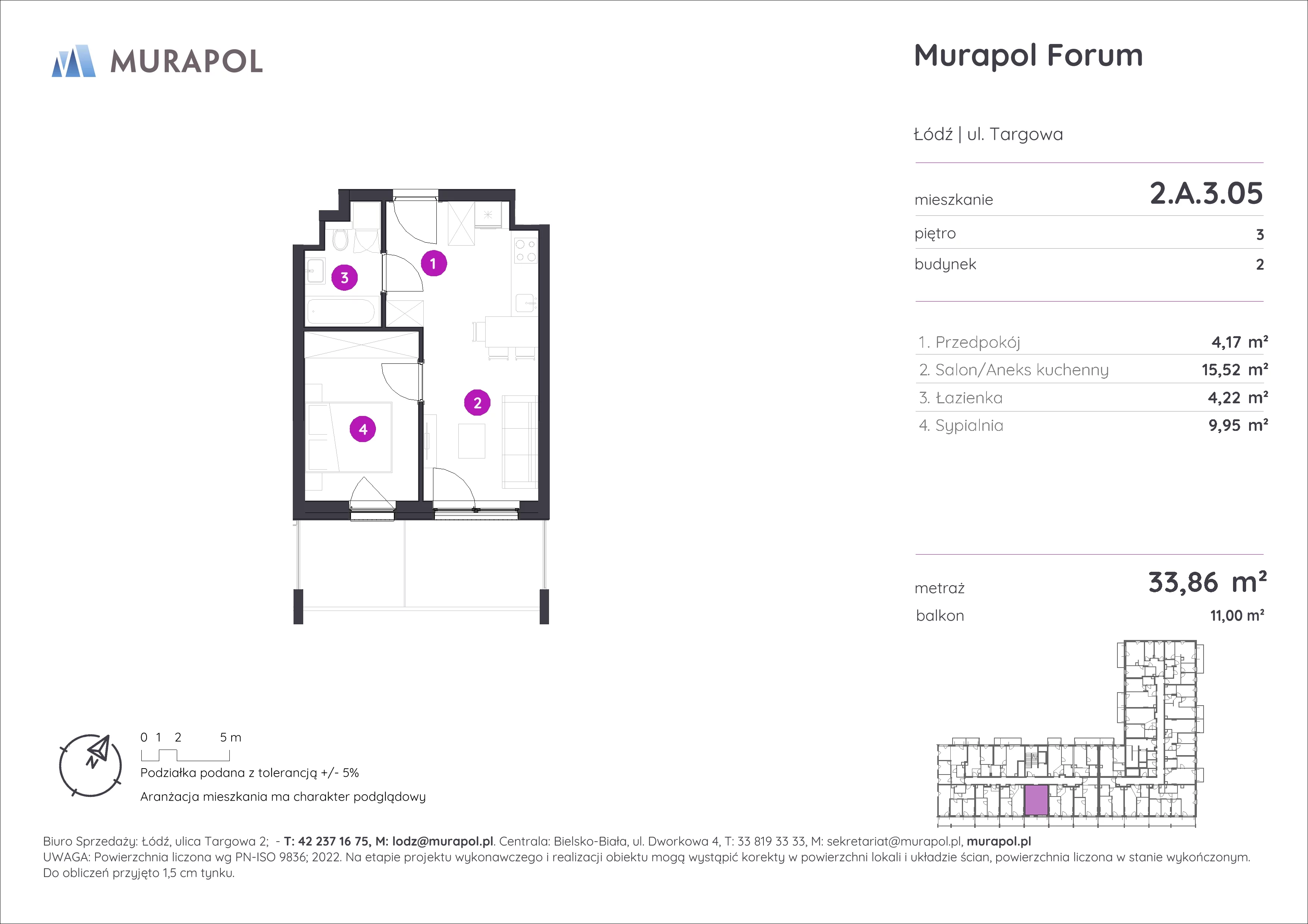 2 pokoje, mieszkanie 33,86 m², piętro 3, oferta nr 2.A.3.05, Murapol Forum, Łódź, Śródmieście, ul. Targowa