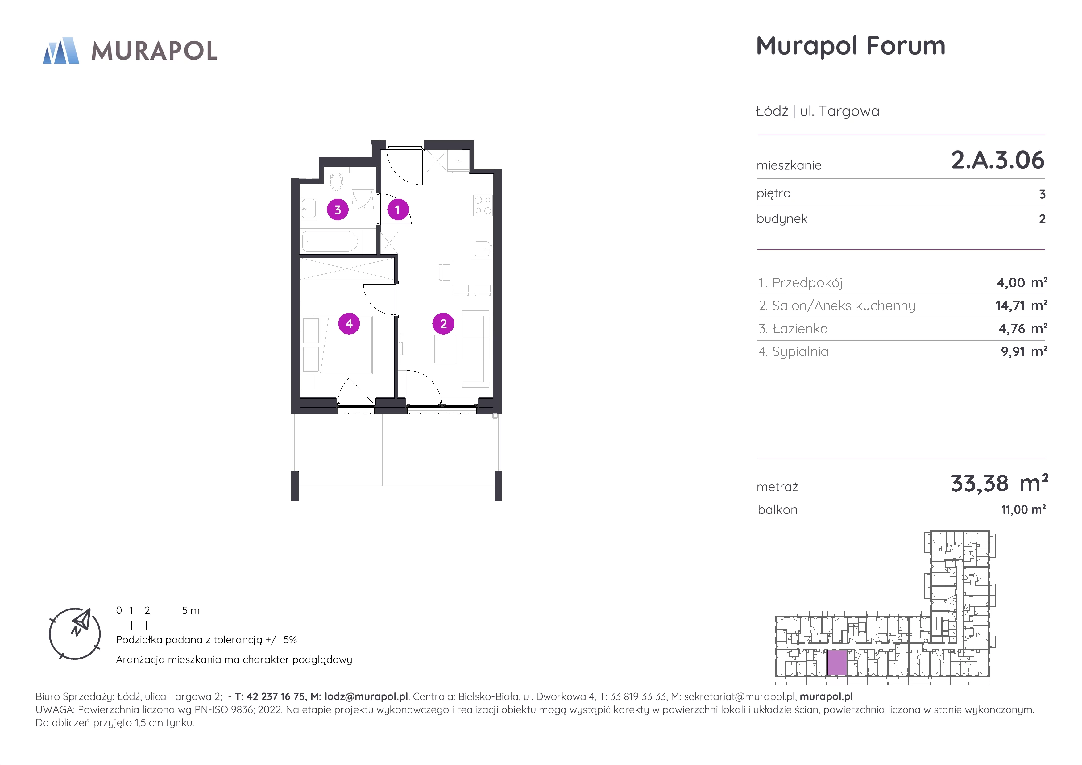 2 pokoje, mieszkanie 33,38 m², piętro 3, oferta nr 2.A.3.06, Murapol Forum, Łódź, Śródmieście, ul. Targowa