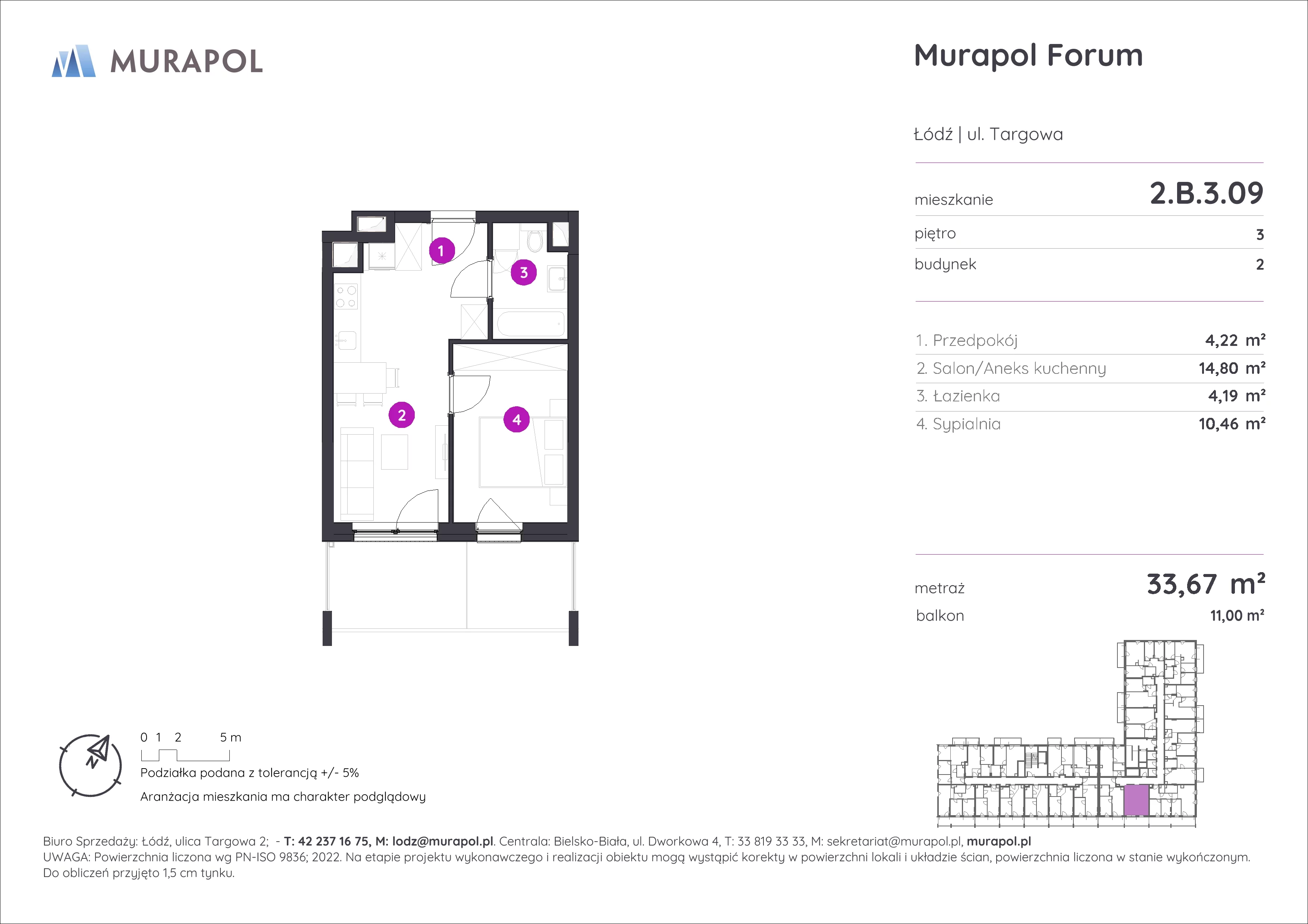 2 pokoje, mieszkanie 33,67 m², piętro 3, oferta nr 2.B.3.09, Murapol Forum, Łódź, Śródmieście, ul. Targowa