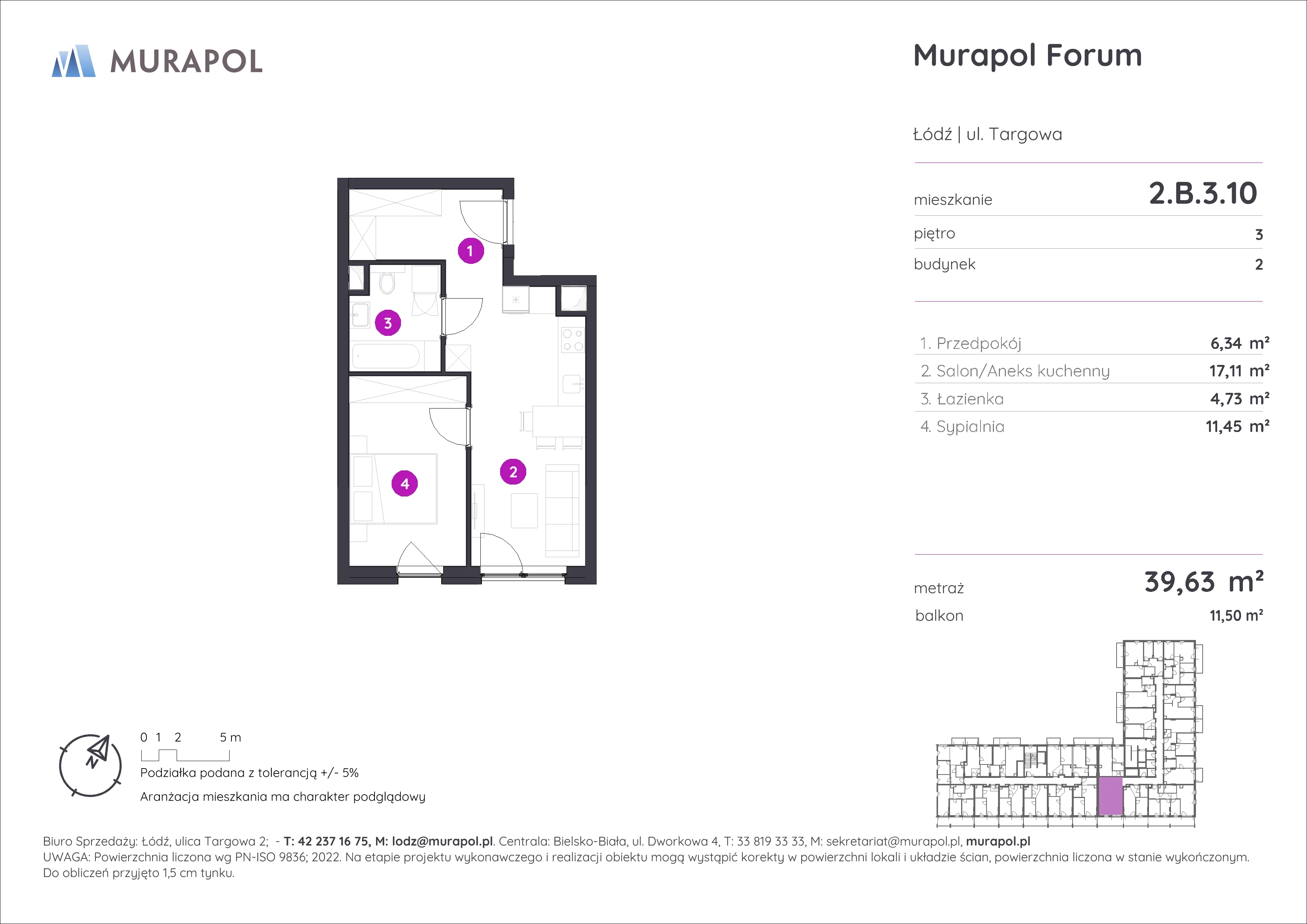 2 pokoje, mieszkanie 39,63 m², piętro 3, oferta nr 2.B.3.10, Murapol Forum, Łódź, Śródmieście, ul. Targowa