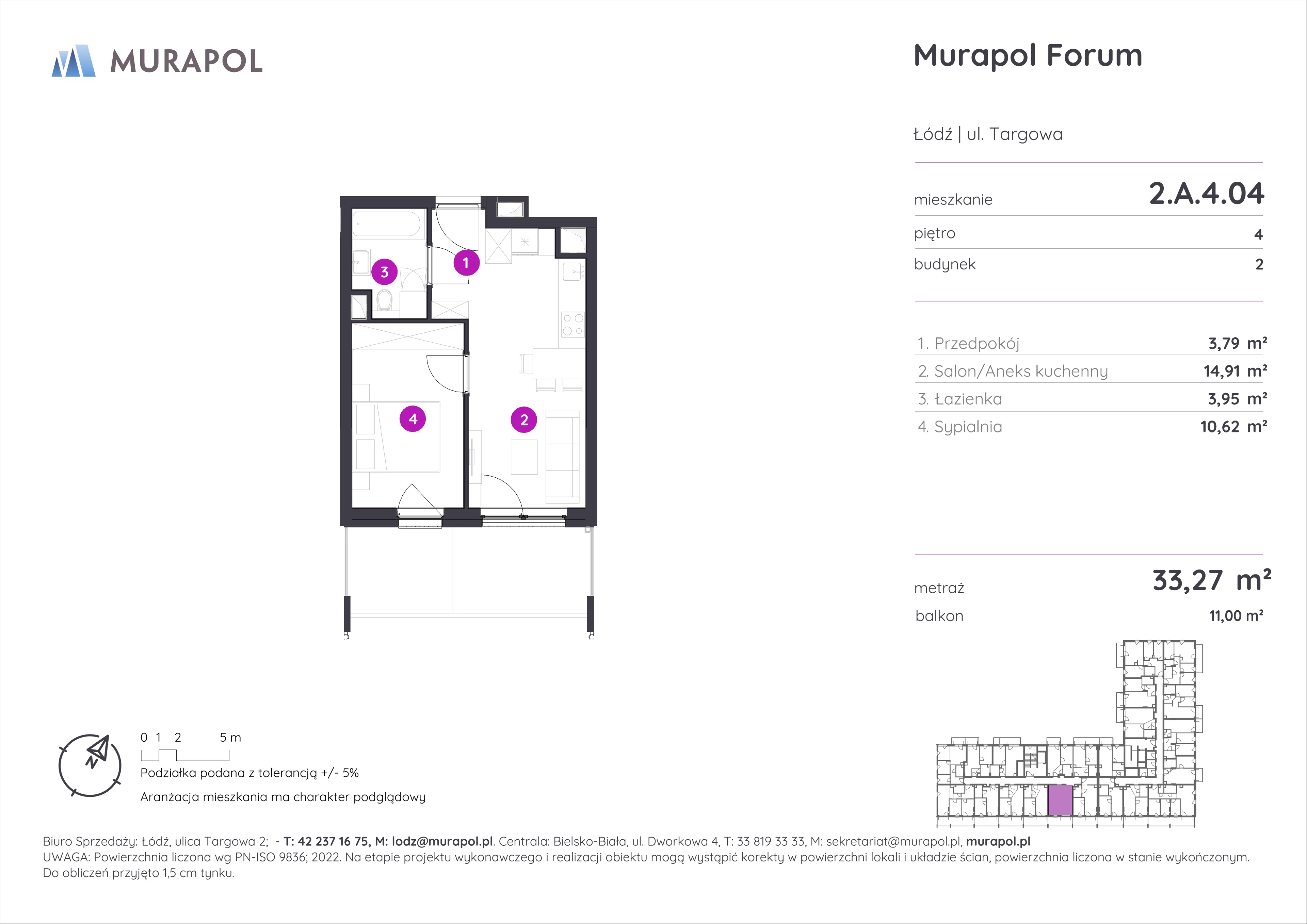 2 pokoje, mieszkanie 33,27 m², piętro 4, oferta nr 2.A.4.04, Murapol Forum, Łódź, Śródmieście, ul. Targowa