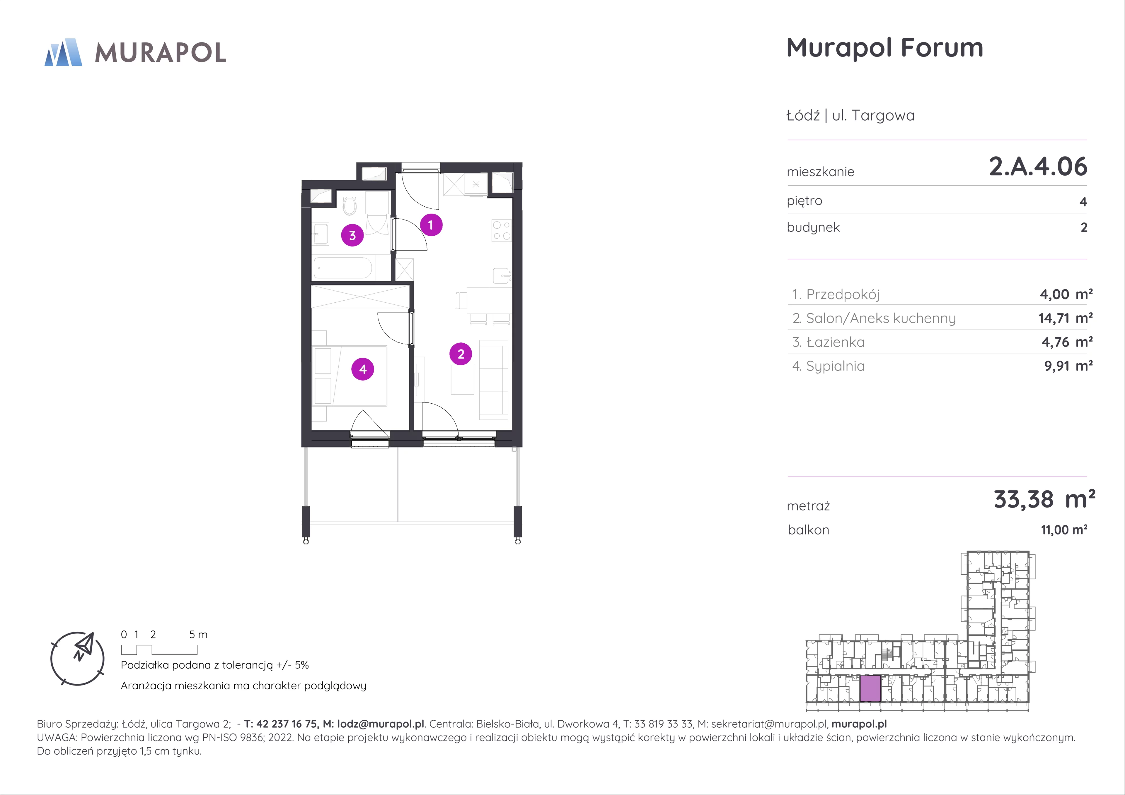 2 pokoje, mieszkanie 33,38 m², piętro 4, oferta nr 2.A.4.06, Murapol Forum, Łódź, Śródmieście, ul. Targowa