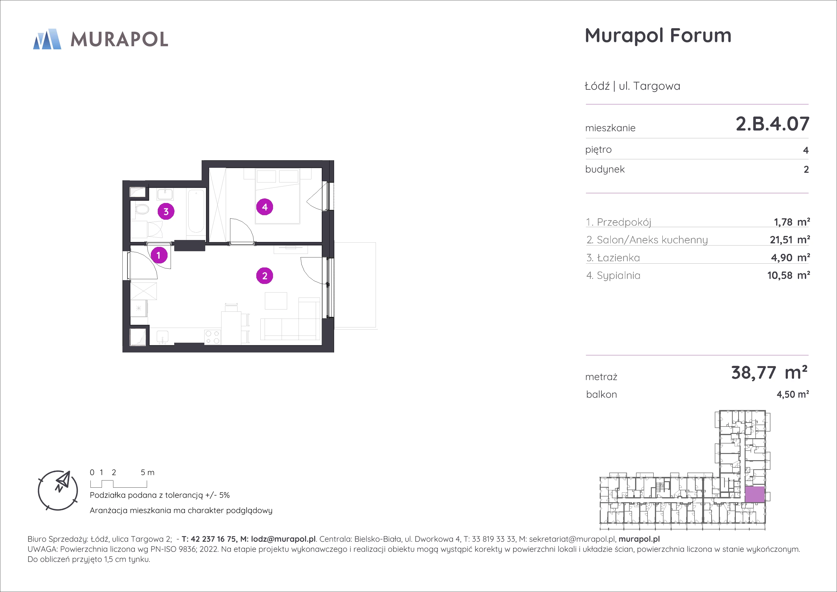 2 pokoje, mieszkanie 38,77 m², piętro 4, oferta nr 2.B.4.07, Murapol Forum, Łódź, Śródmieście, ul. Targowa