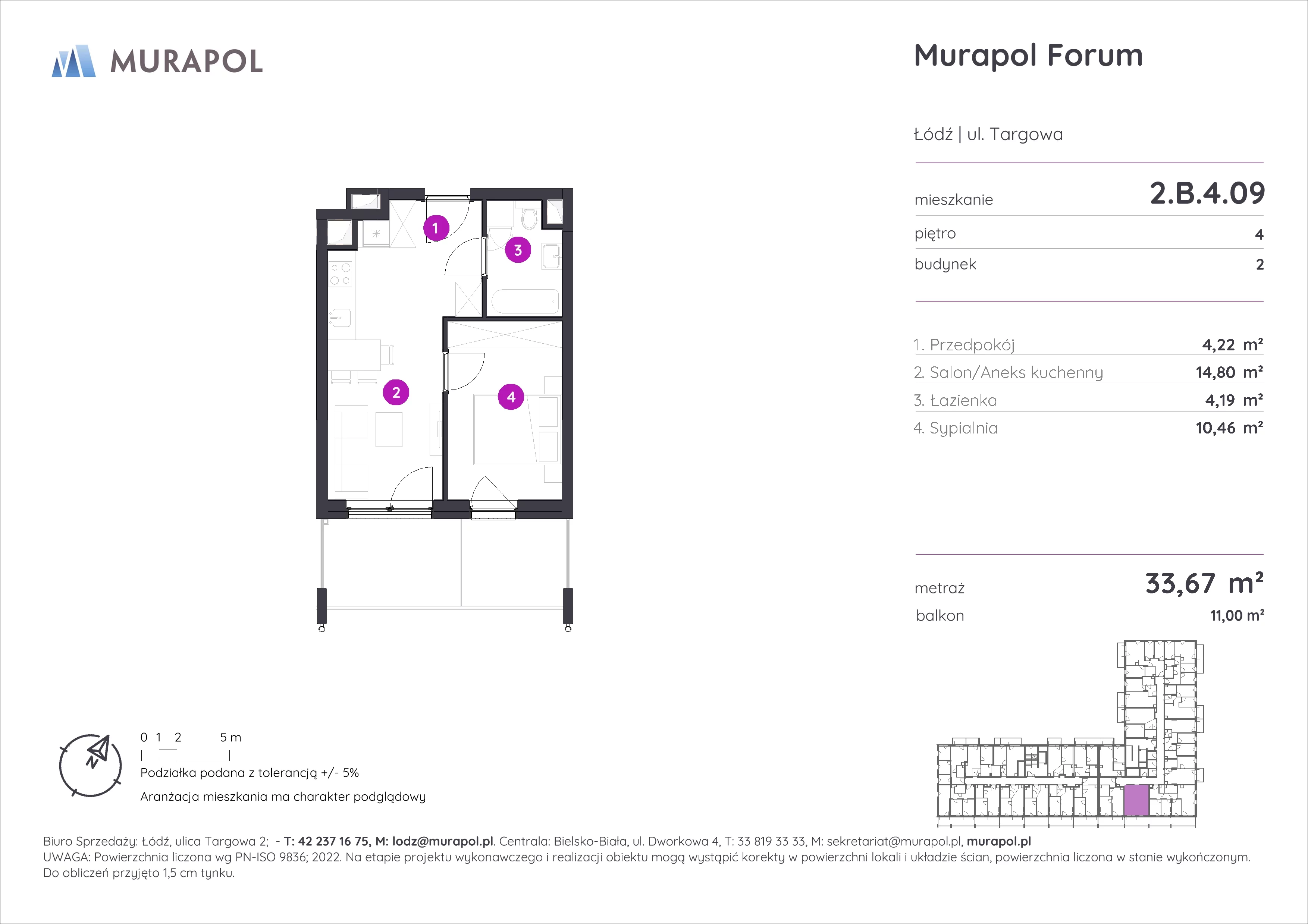 2 pokoje, mieszkanie 33,67 m², piętro 4, oferta nr 2.B.4.09, Murapol Forum, Łódź, Śródmieście, ul. Targowa