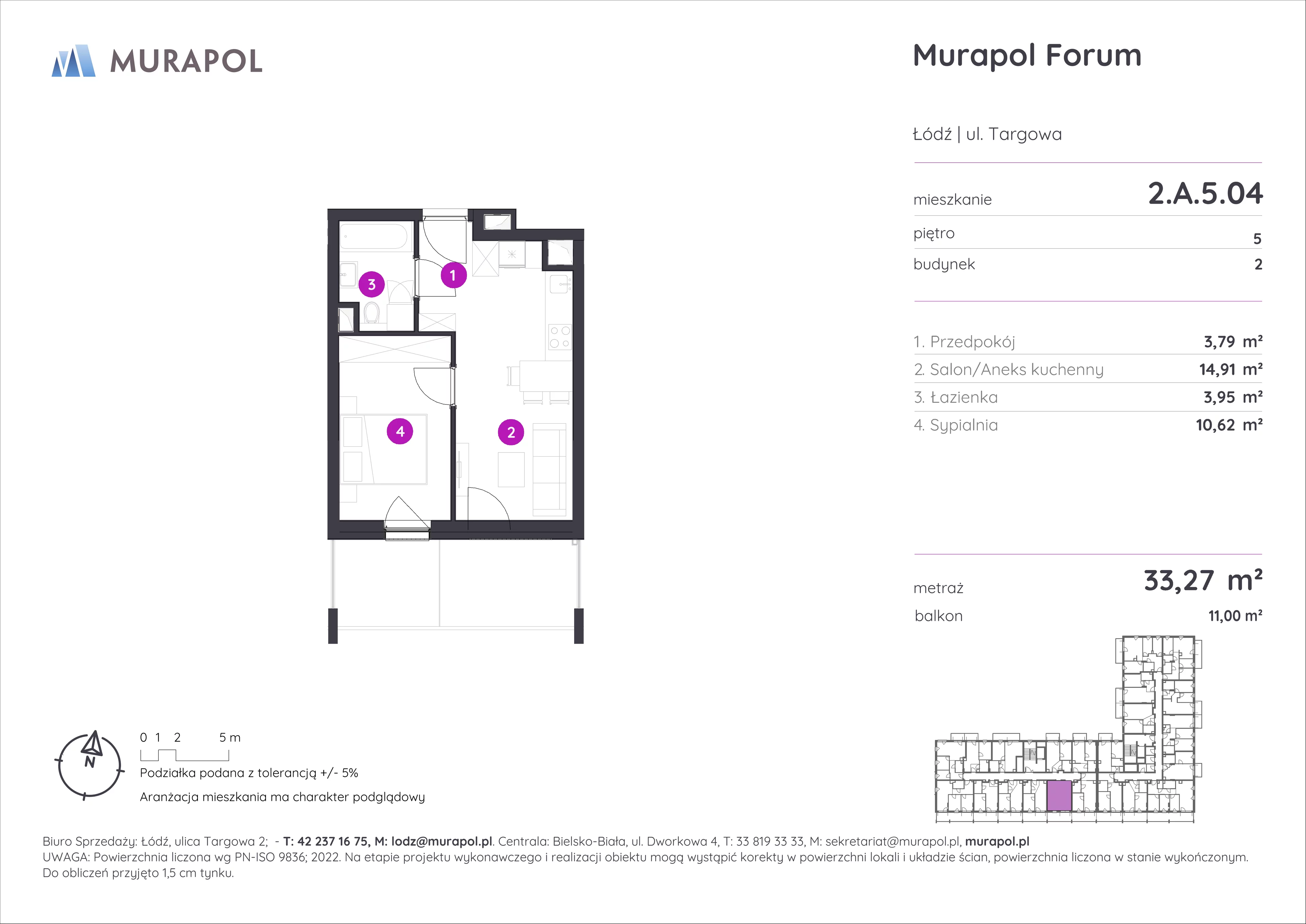 2 pokoje, mieszkanie 33,27 m², piętro 5, oferta nr 2.A.5.04, Murapol Forum, Łódź, Śródmieście, ul. Targowa