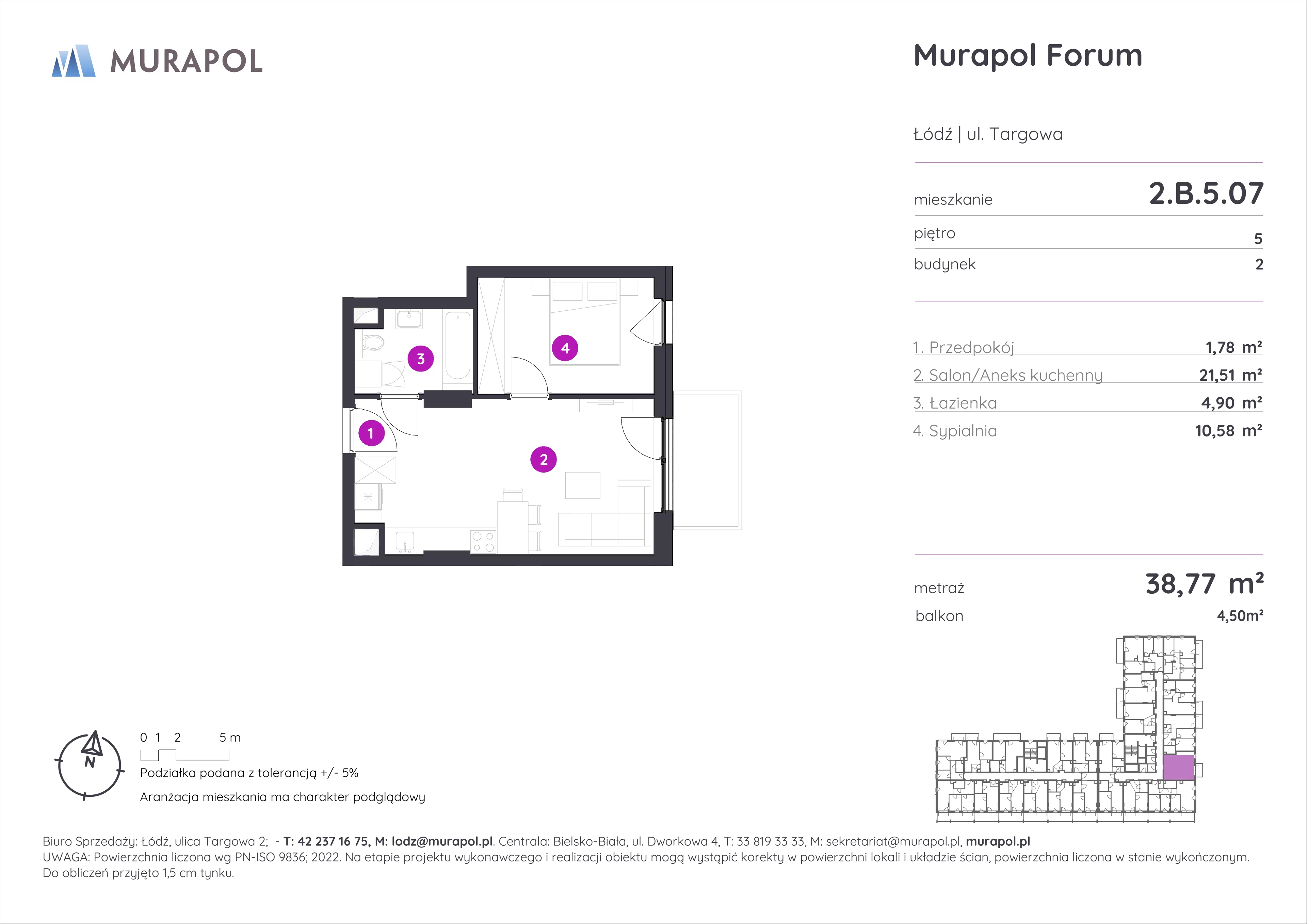 2 pokoje, mieszkanie 38,77 m², piętro 5, oferta nr 2.B.5.07, Murapol Forum, Łódź, Śródmieście, ul. Targowa