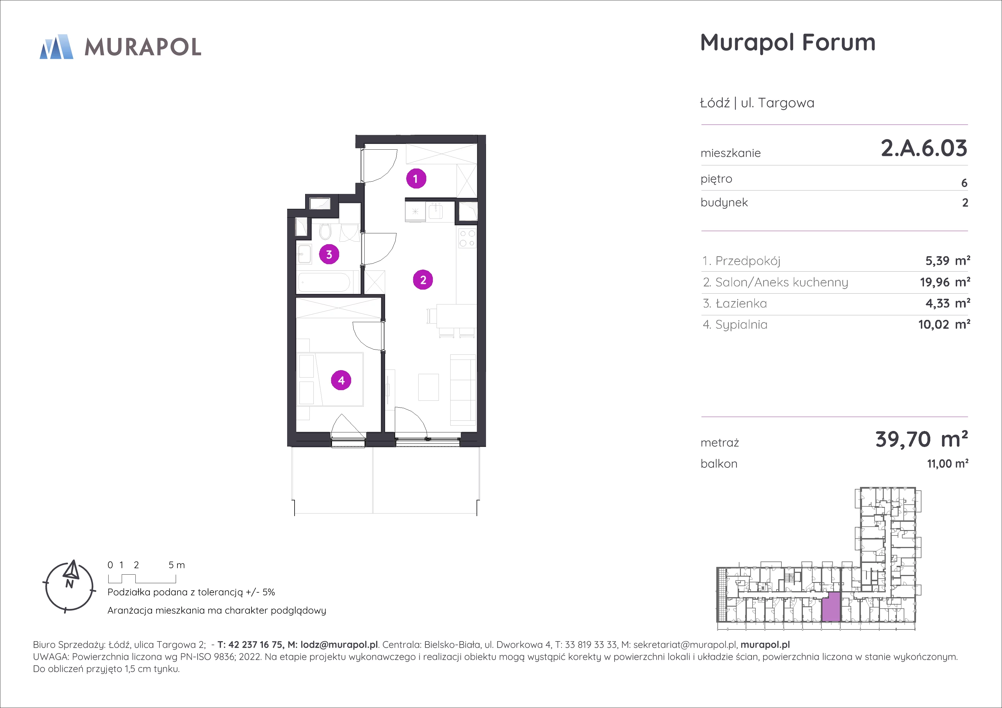 2 pokoje, mieszkanie 39,70 m², piętro 6, oferta nr 2.A.6.03, Murapol Forum, Łódź, Śródmieście, ul. Targowa