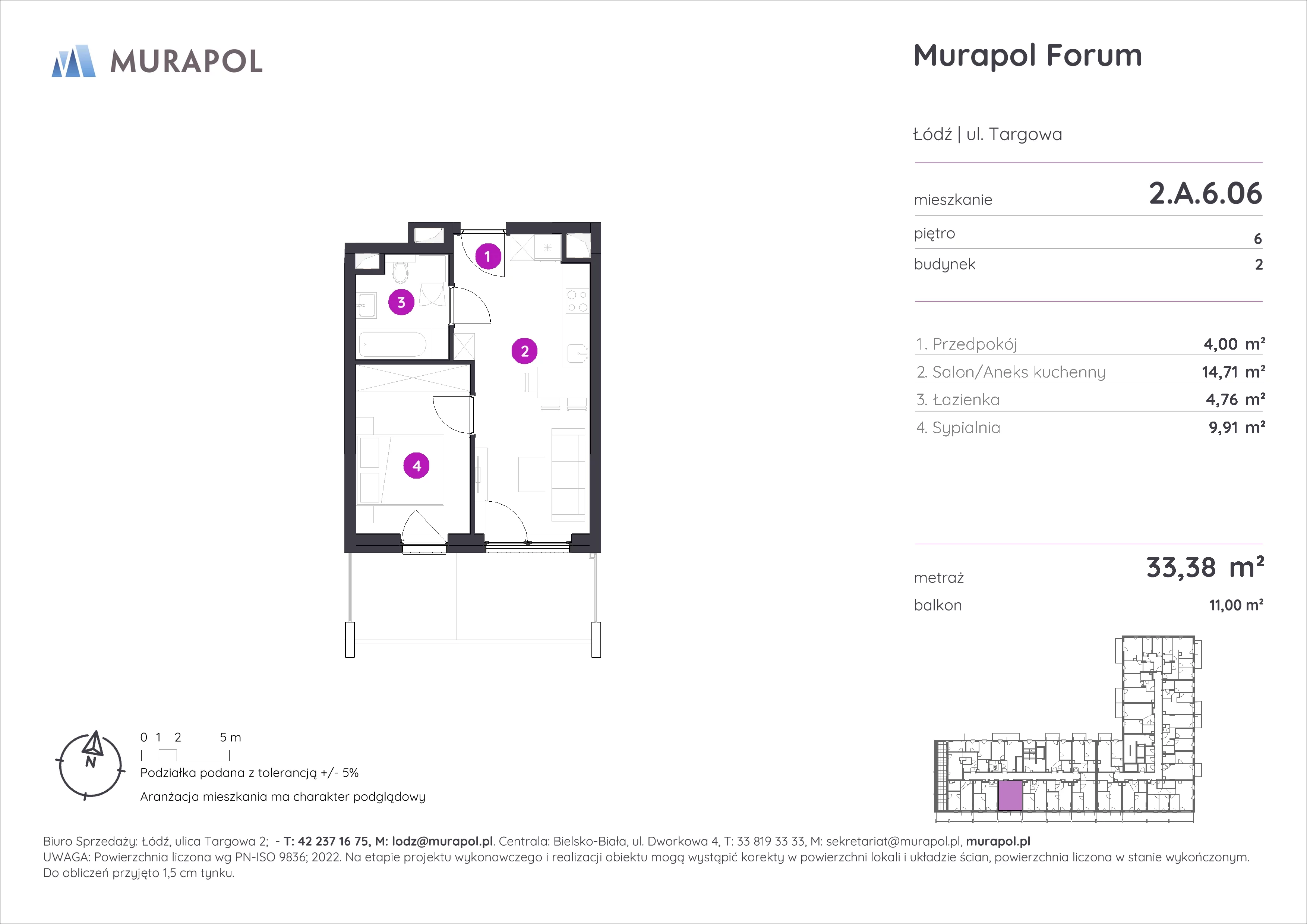 2 pokoje, mieszkanie 33,38 m², piętro 6, oferta nr 2.A.6.06, Murapol Forum, Łódź, Śródmieście, ul. Targowa
