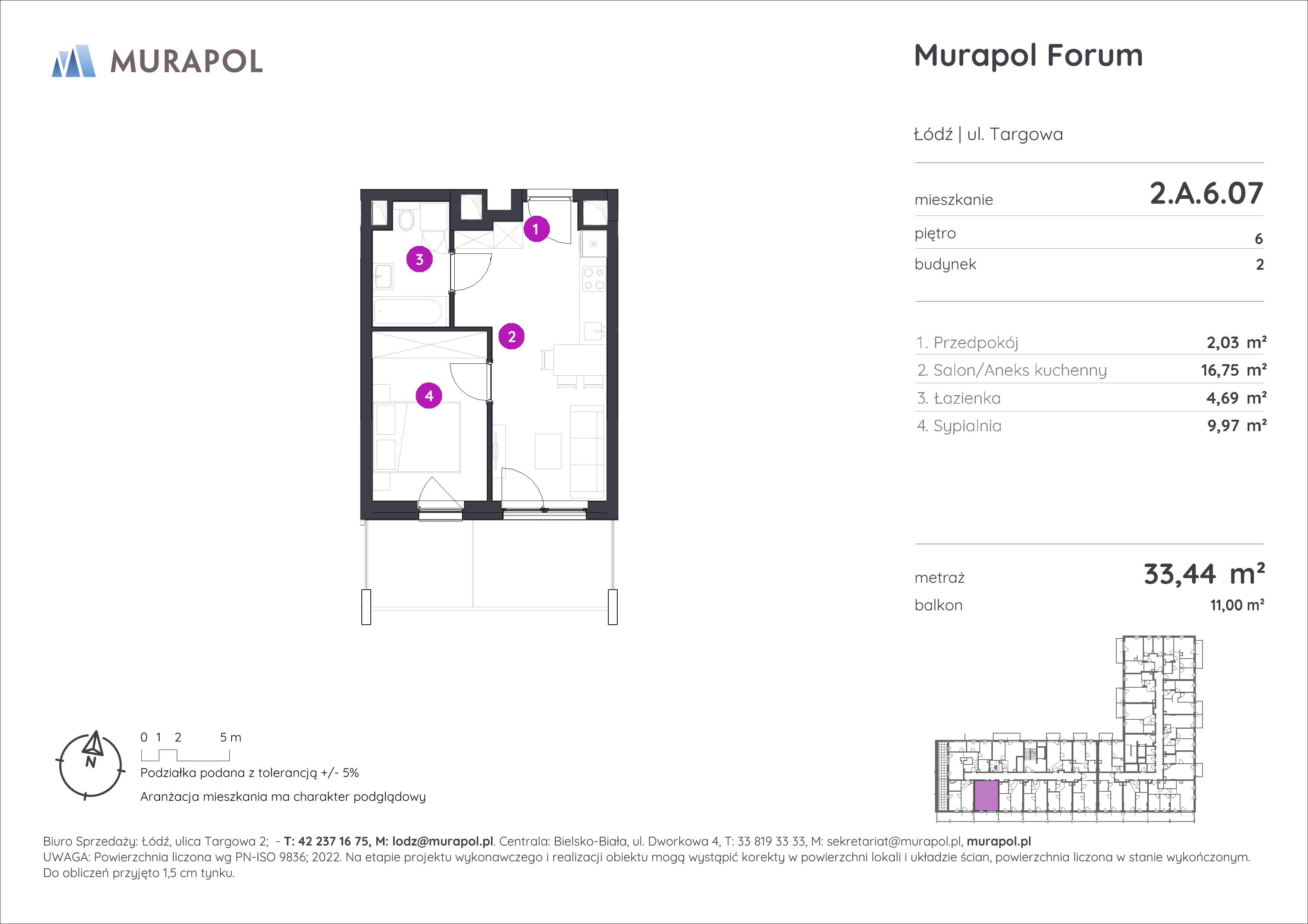 2 pokoje, mieszkanie 33,44 m², piętro 6, oferta nr 2.A.6.07, Murapol Forum, Łódź, Śródmieście, ul. Targowa
