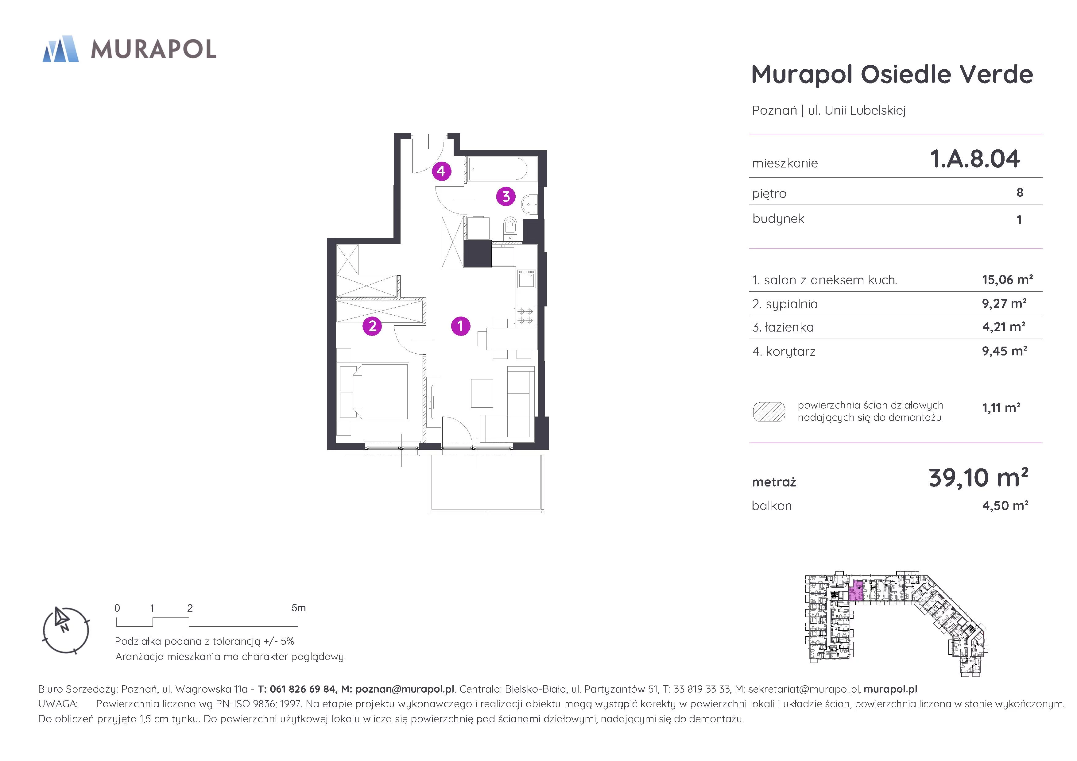 Mieszkanie 39,10 m², piętro 8, oferta nr 1.A.8.04, Murapol Osiedle Verde, Poznań, Żegrze, Starołęka, ul. Wagrowska