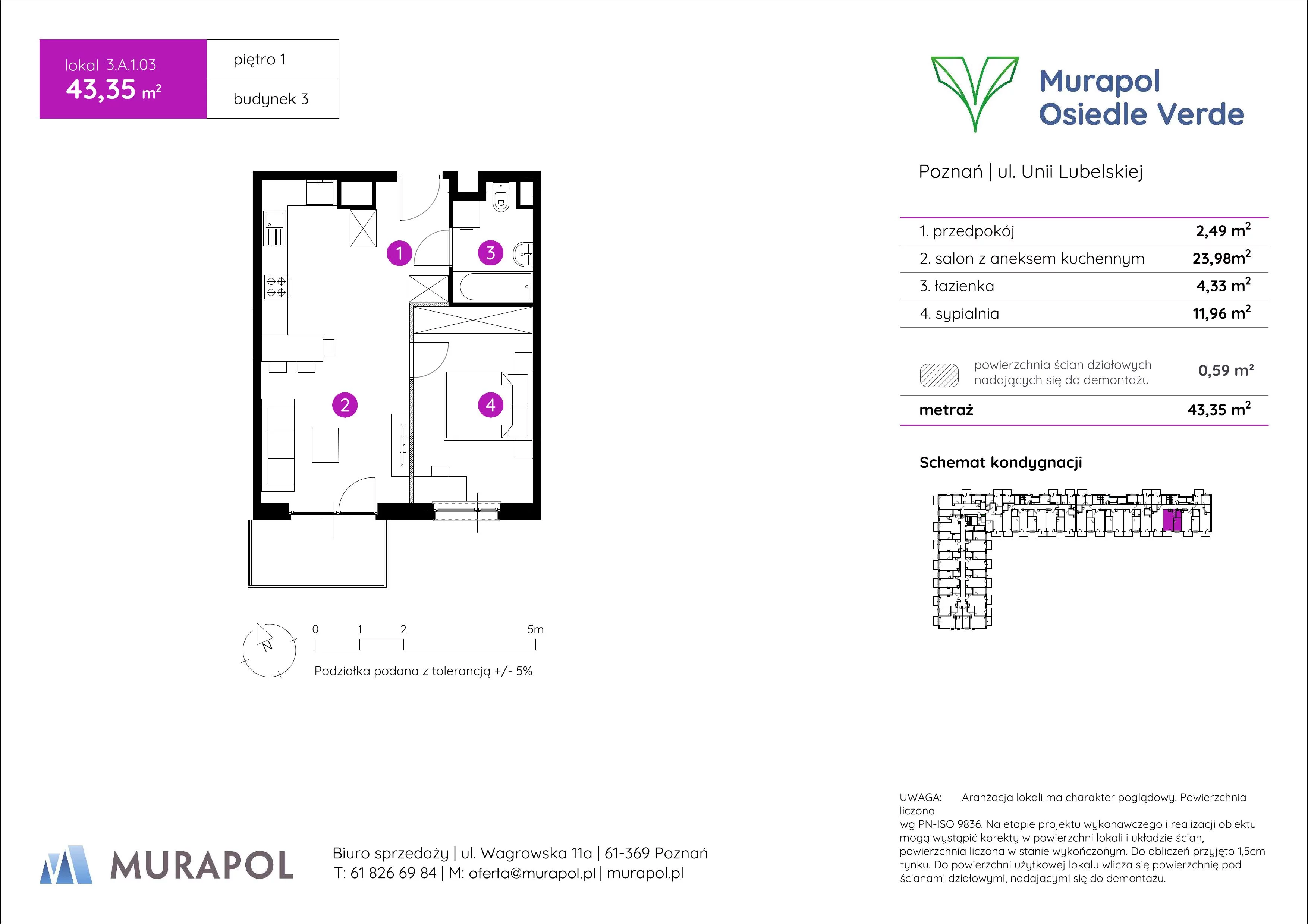 Mieszkanie 43,35 m², piętro 1, oferta nr 3.A.1.03, Murapol Osiedle Verde, Poznań, Żegrze, Starołęka, ul. Wagrowska