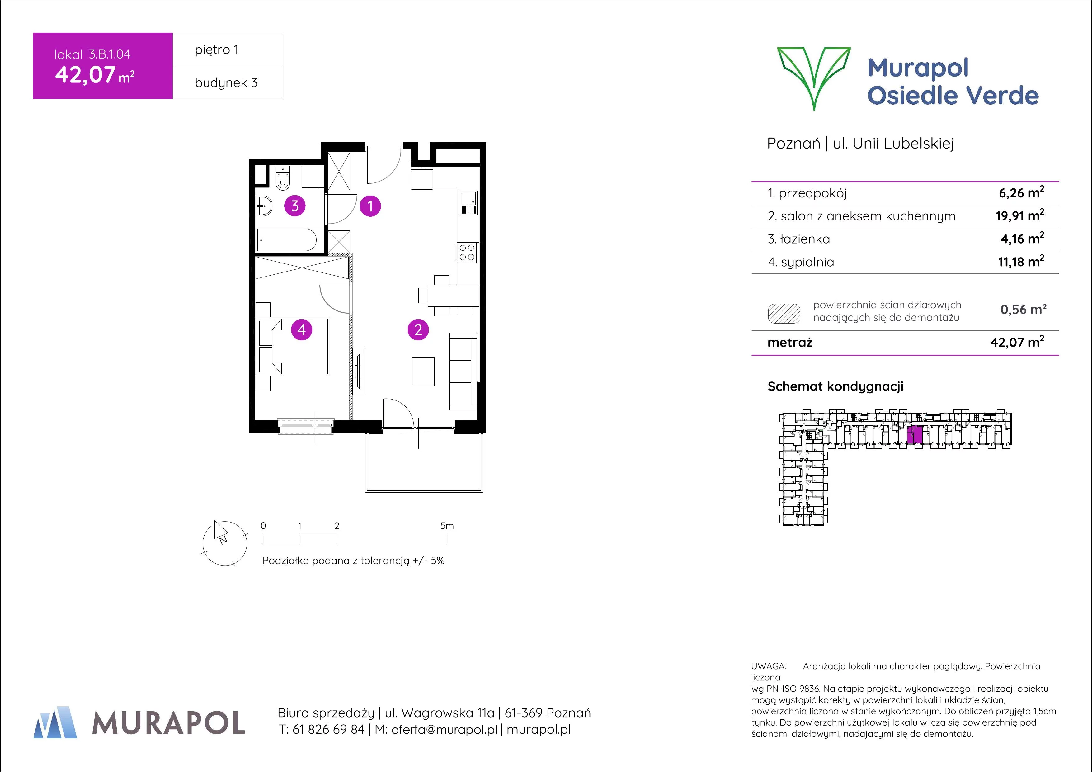 Mieszkanie 42,07 m², piętro 1, oferta nr 3.B.1.04, Murapol Osiedle Verde, Poznań, Żegrze, Starołęka, ul. Wagrowska