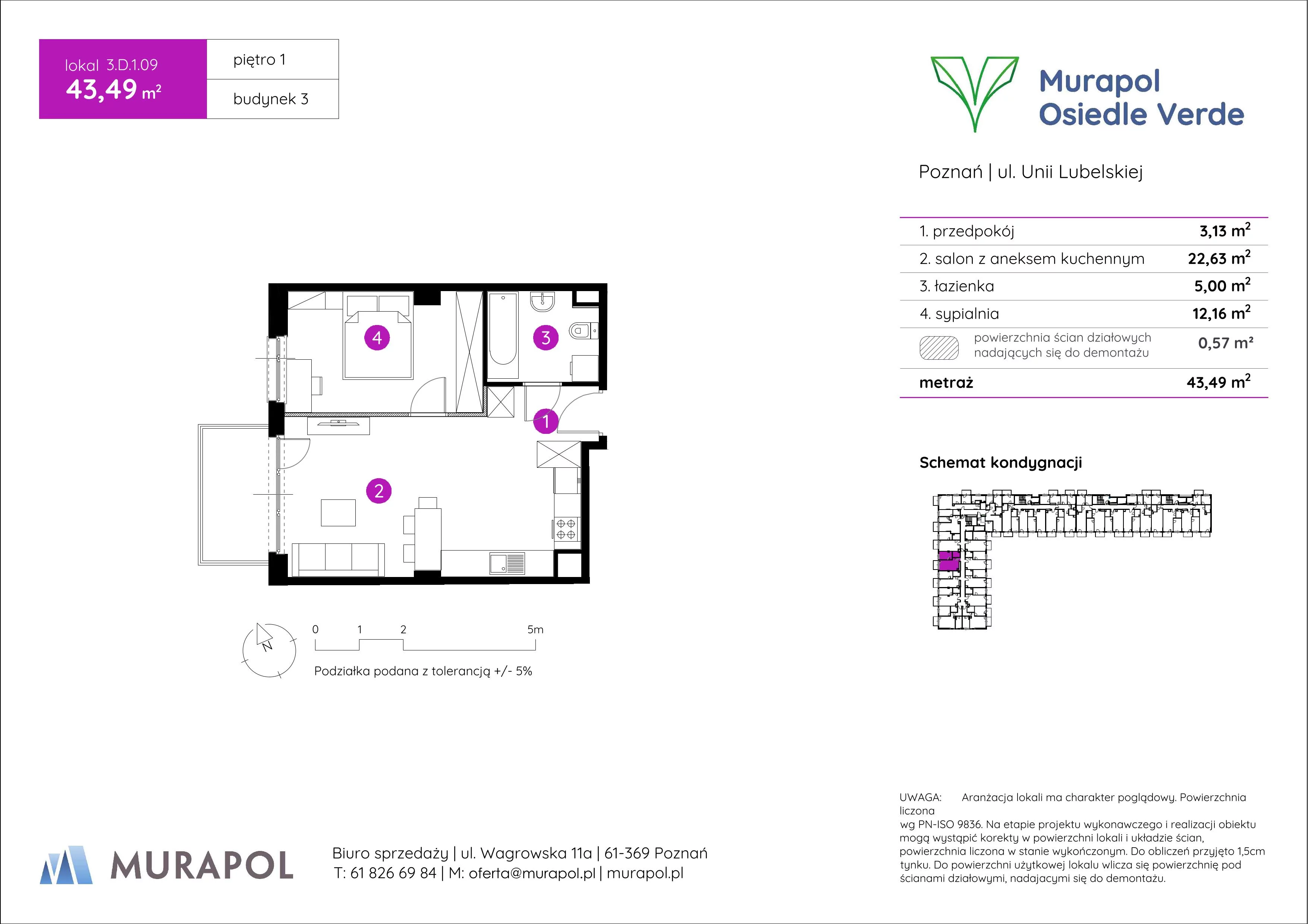 Mieszkanie 43,49 m², piętro 1, oferta nr 3.D.1.09, Murapol Osiedle Verde, Poznań, Żegrze, Starołęka, ul. Wagrowska