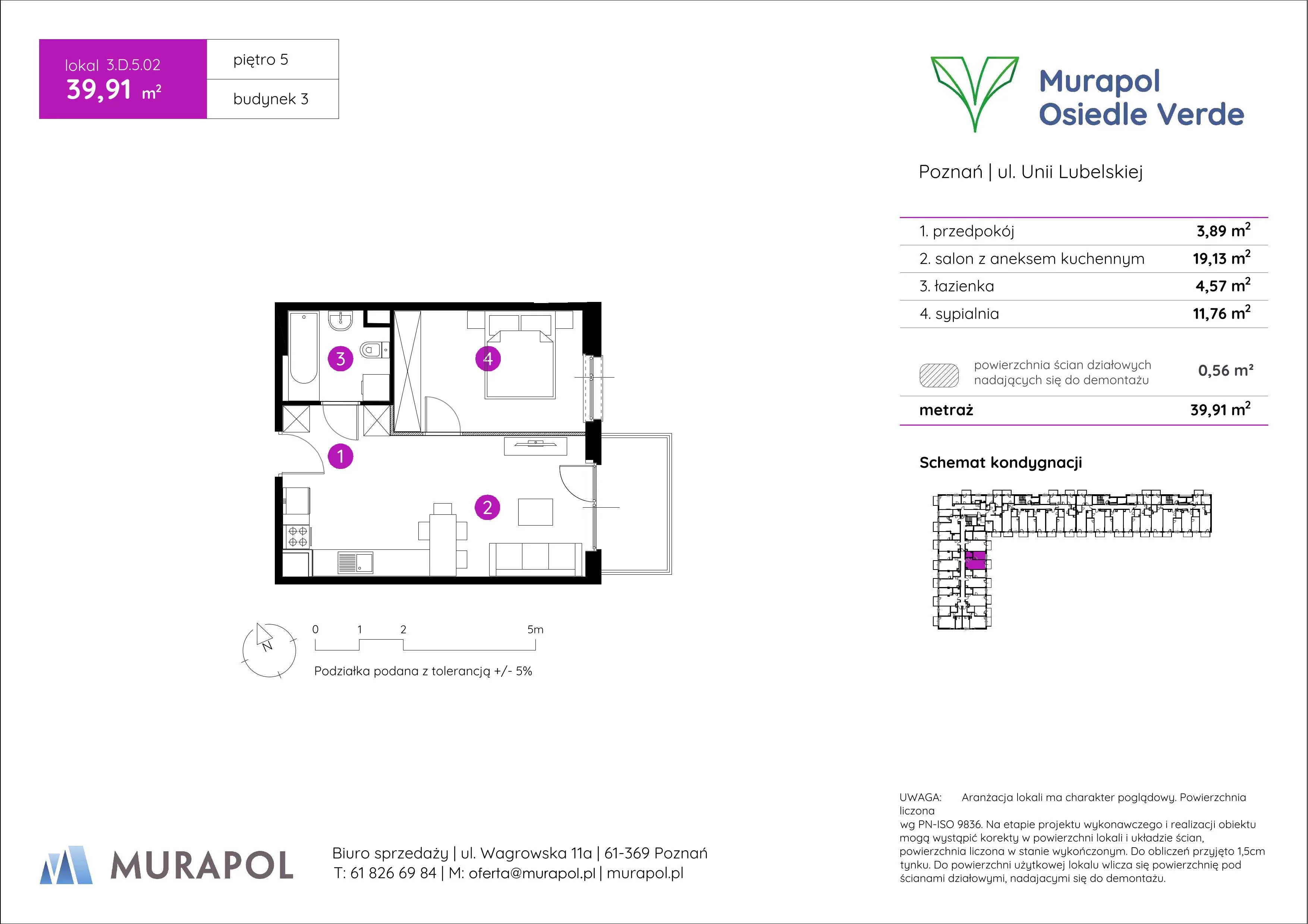 2 pokoje, mieszkanie 39,91 m², piętro 5, oferta nr 3.D.5.02, Murapol Osiedle Verde, Poznań, Żegrze, Starołęka, ul. Wagrowska