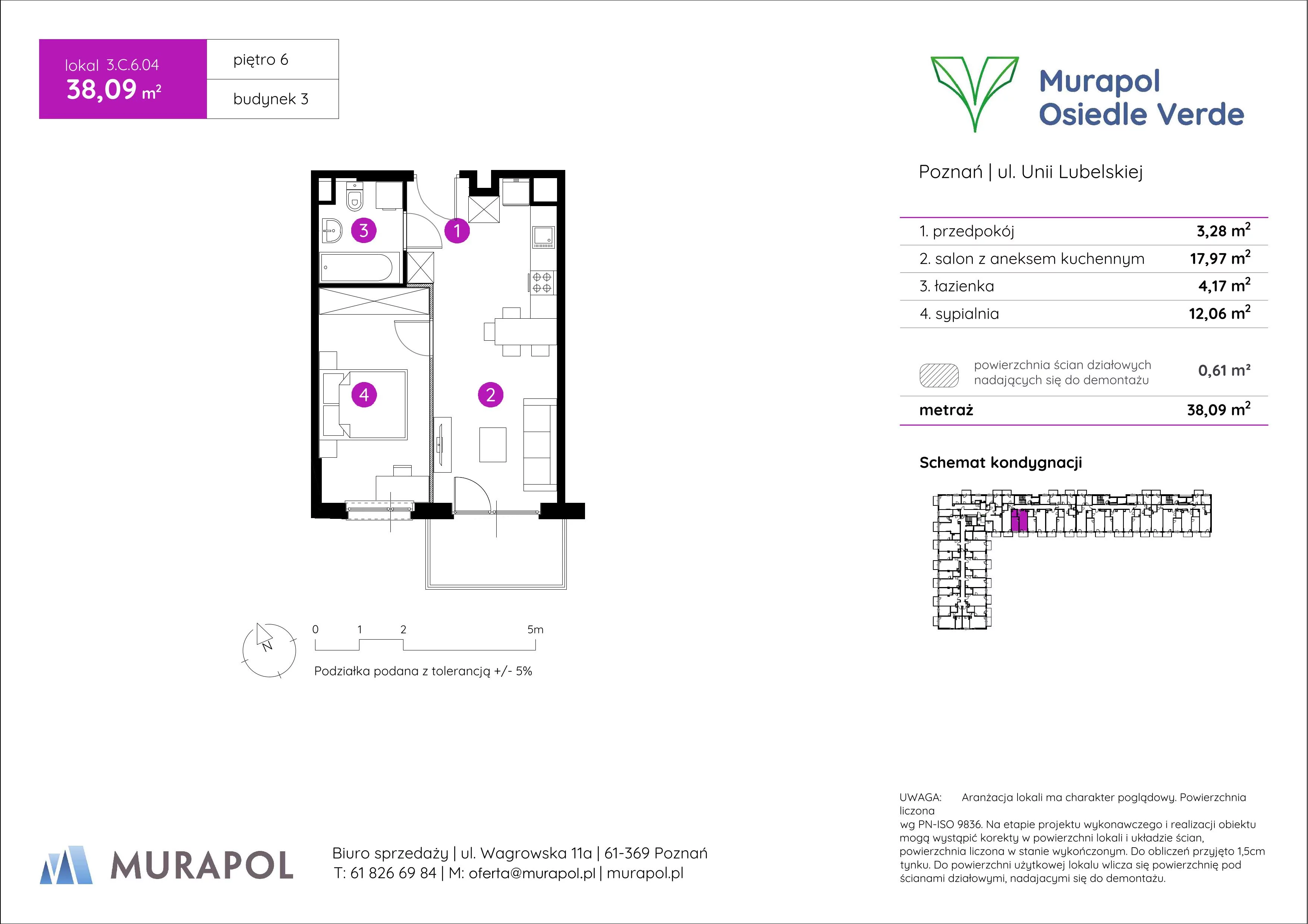 2 pokoje, mieszkanie 38,09 m², piętro 6, oferta nr 3.C.6.04, Murapol Osiedle Verde, Poznań, Żegrze, Starołęka, ul. Wagrowska