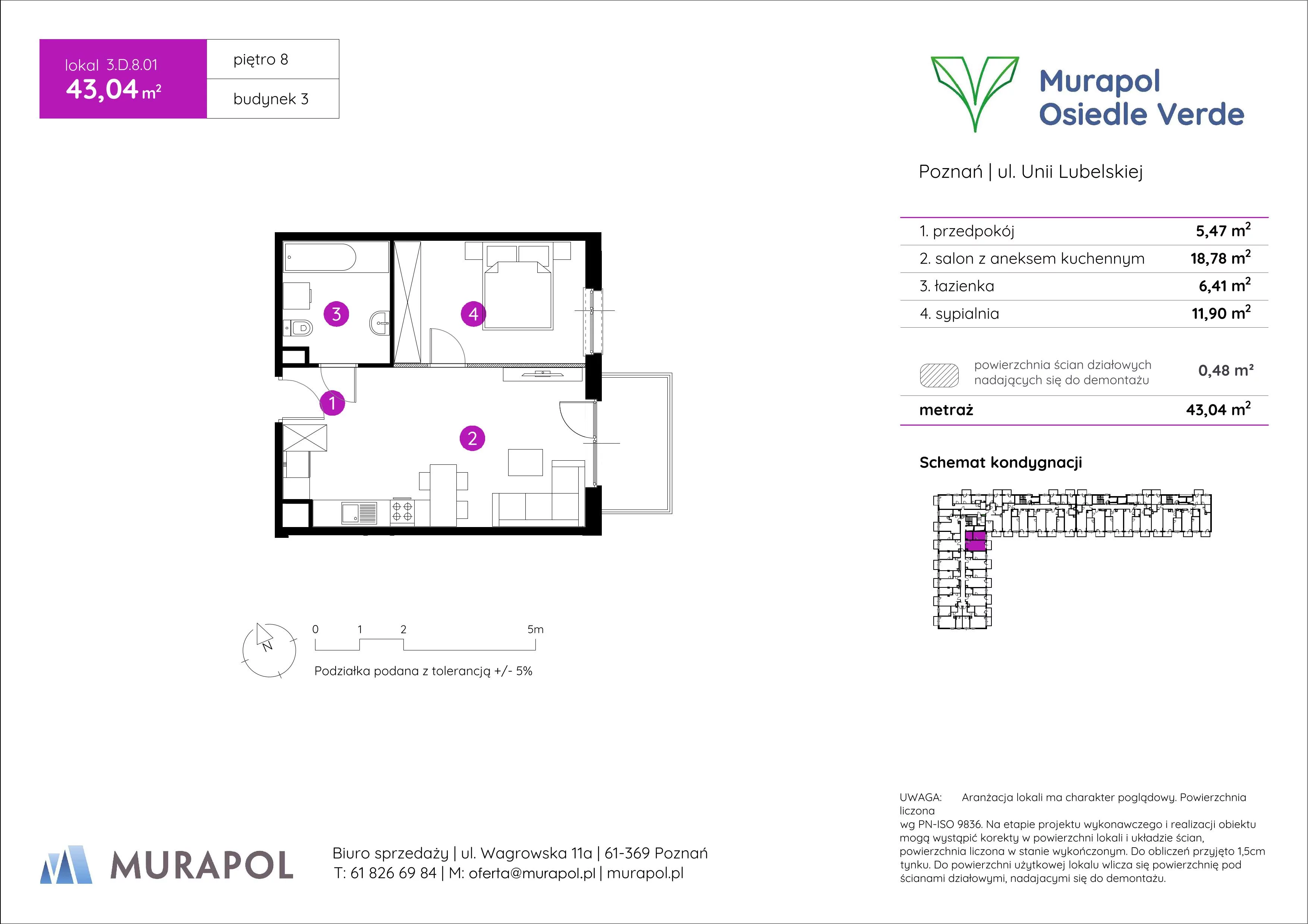 2 pokoje, mieszkanie 43,04 m², piętro 8, oferta nr 3.D.8.01, Murapol Osiedle Verde, Poznań, Żegrze, Starołęka, ul. Wagrowska