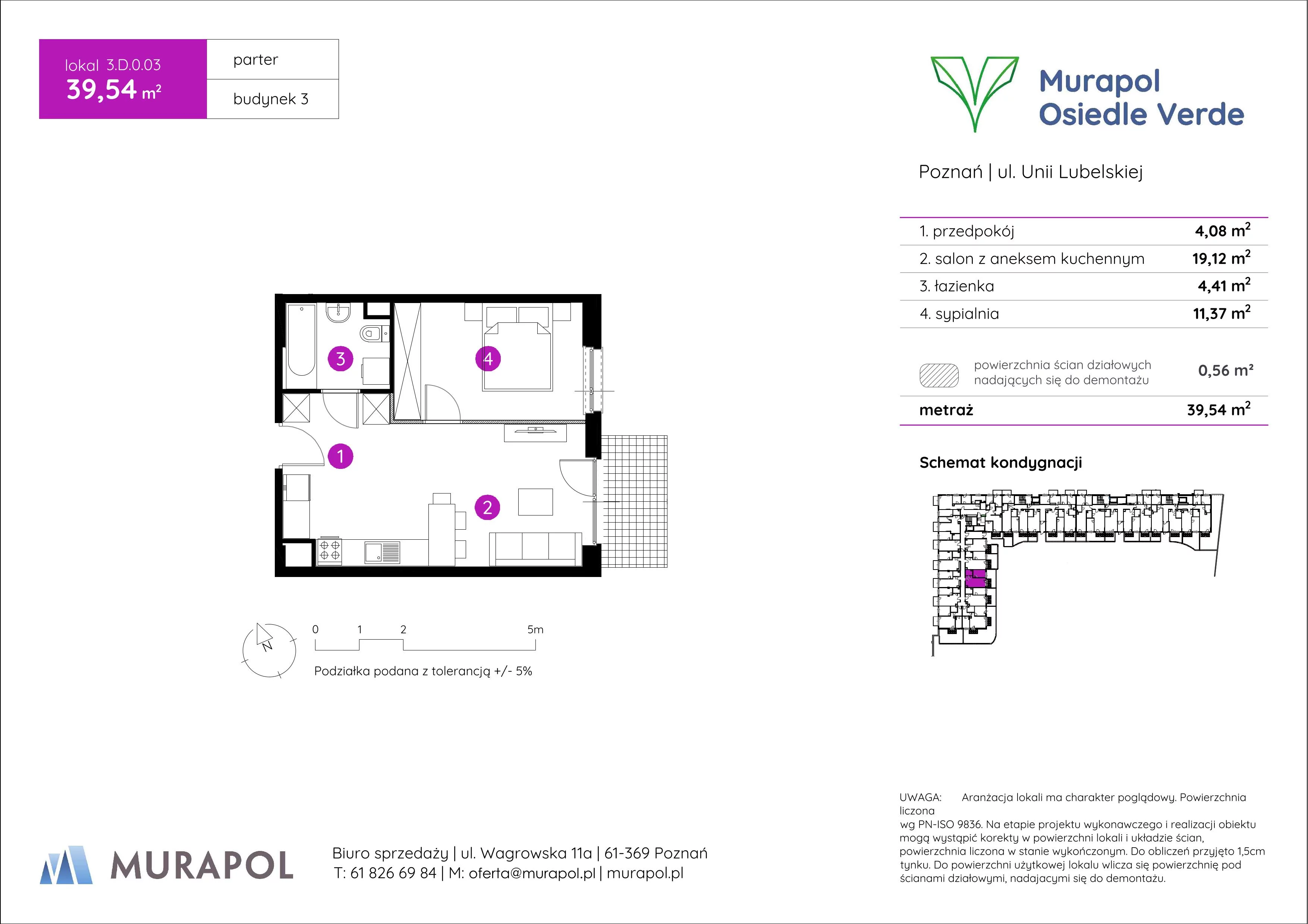 2 pokoje, mieszkanie 39,54 m², parter, oferta nr 3.D.0.03, Murapol Osiedle Verde, Poznań, Żegrze, Starołęka, ul. Wagrowska