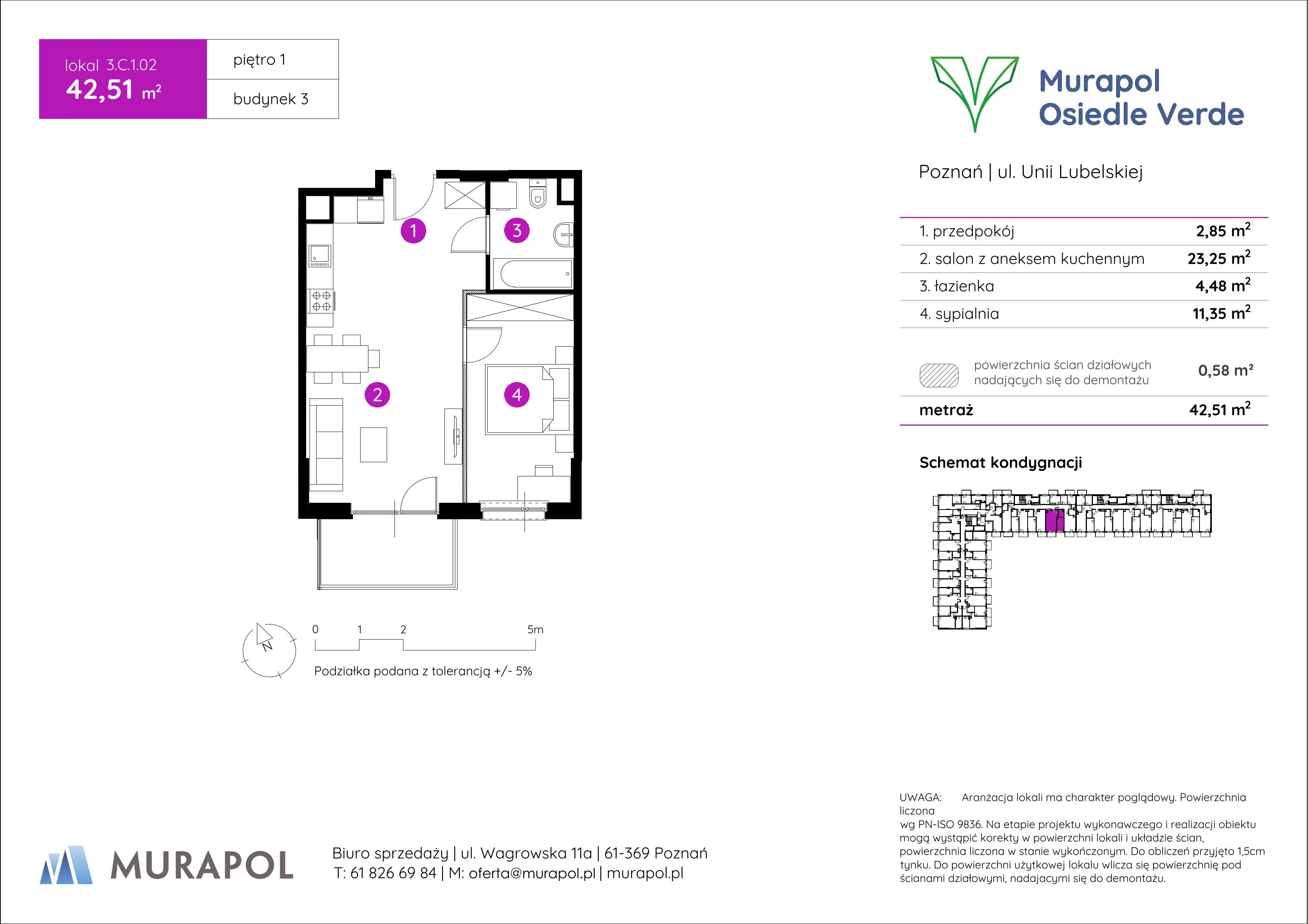 2 pokoje, mieszkanie 42,51 m², piętro 1, oferta nr 3.C.1.02, Murapol Osiedle Verde, Poznań, Żegrze, Starołęka, ul. Wagrowska