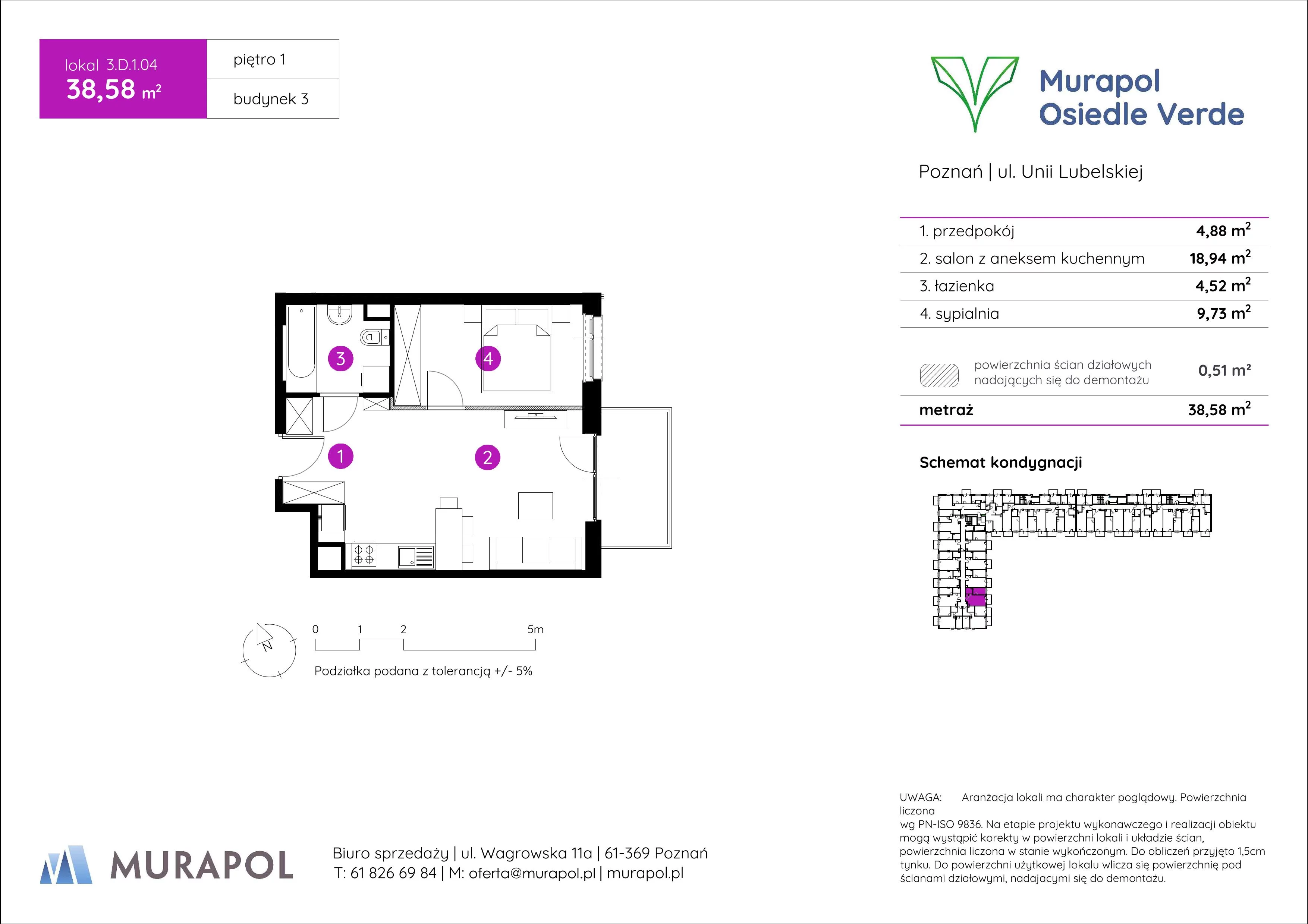 2 pokoje, mieszkanie 38,58 m², piętro 1, oferta nr 3.D.1.04, Murapol Osiedle Verde, Poznań, Żegrze, Starołęka, ul. Wagrowska