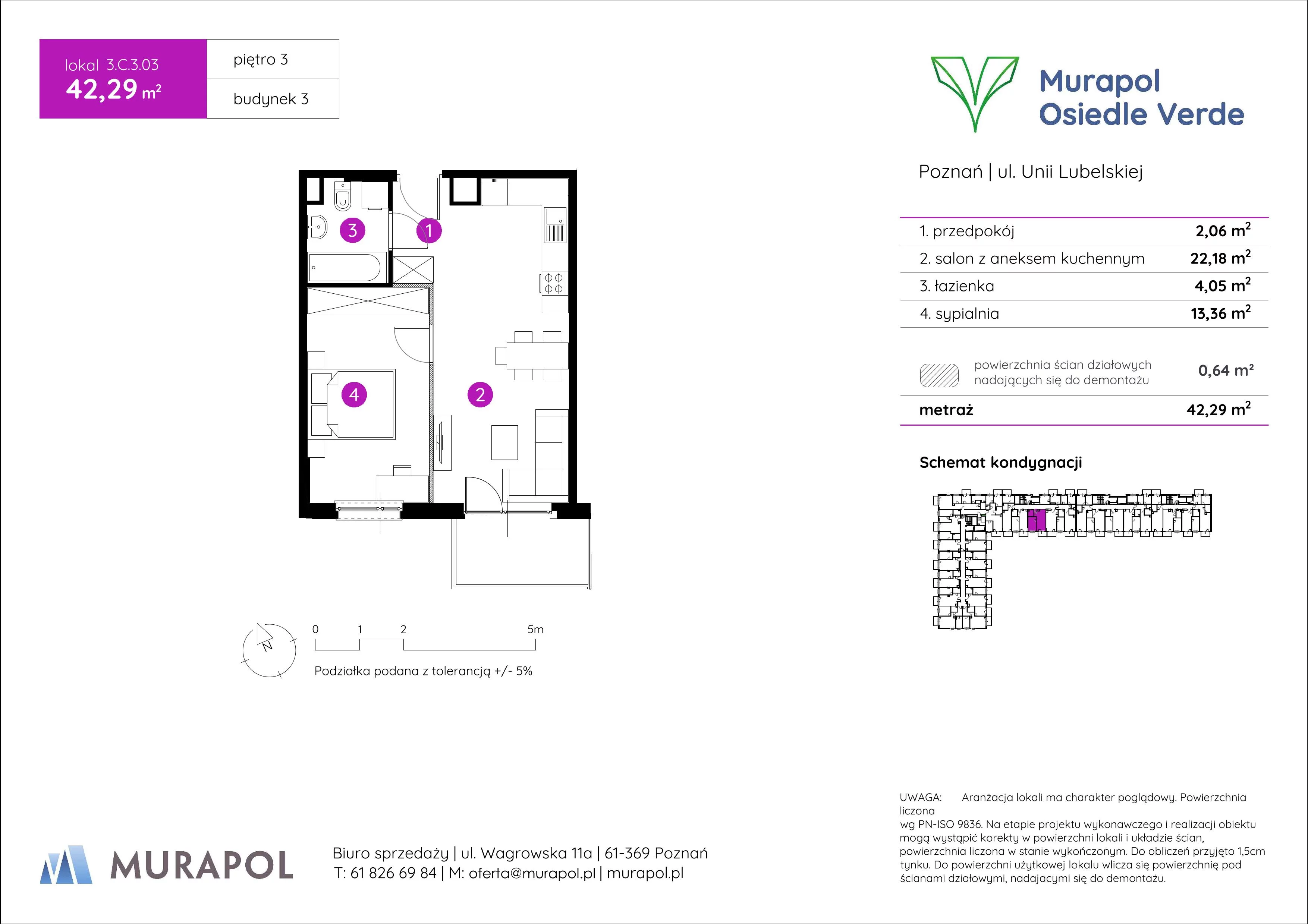 2 pokoje, mieszkanie 42,29 m², piętro 3, oferta nr 3.C.3.03, Murapol Osiedle Verde, Poznań, Żegrze, Starołęka, ul. Wagrowska