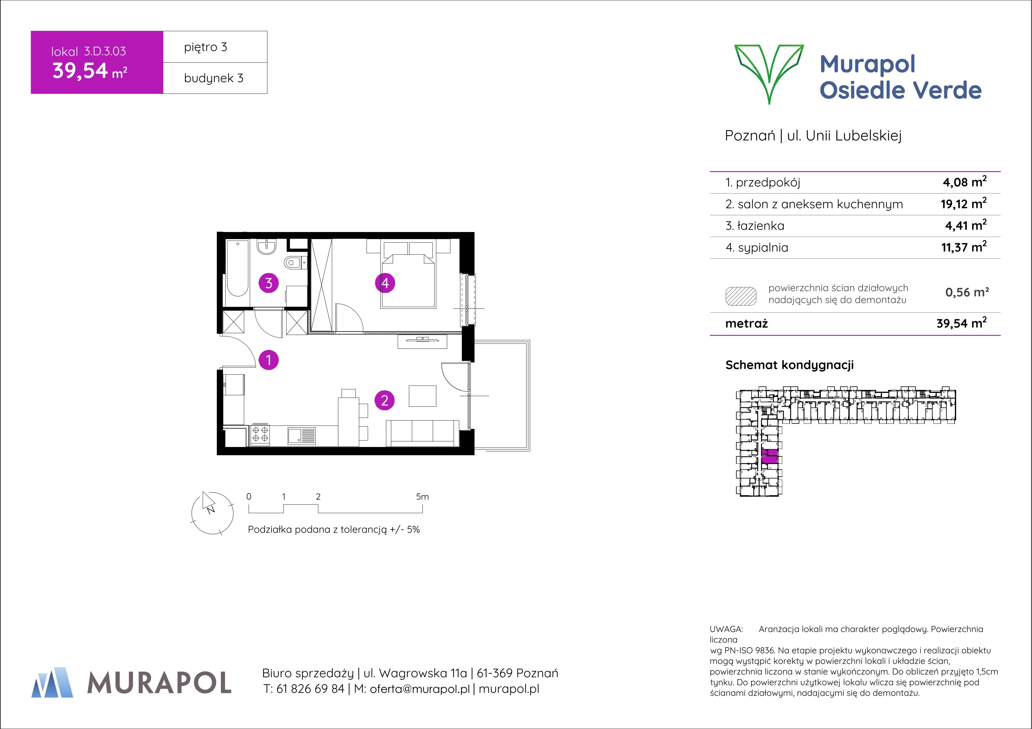 2 pokoje, mieszkanie 39,54 m², piętro 3, oferta nr 3.D.3.03, Murapol Osiedle Verde, Poznań, Żegrze, Starołęka, ul. Wagrowska