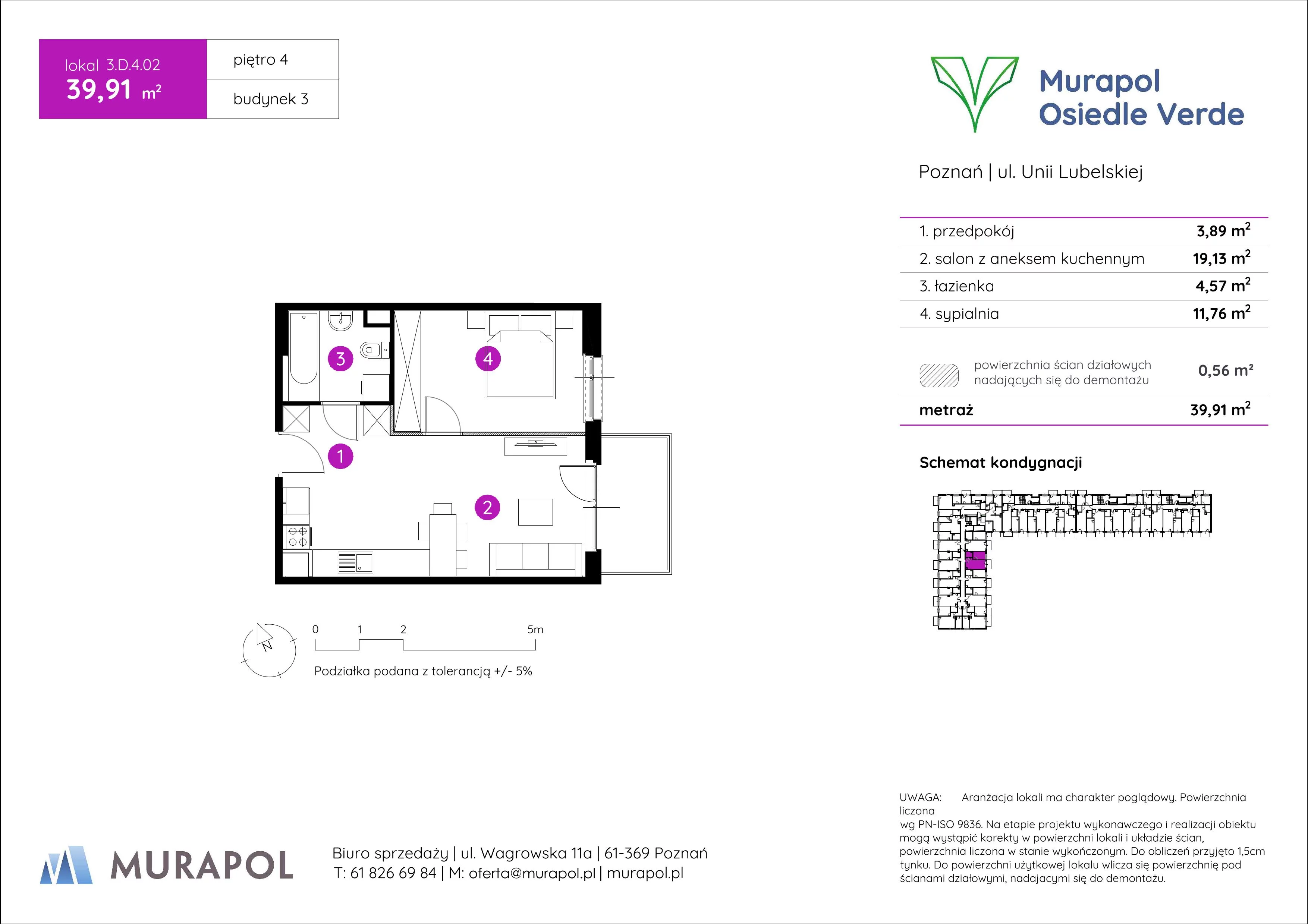 2 pokoje, mieszkanie 39,91 m², piętro 4, oferta nr 3.D.4.02, Murapol Osiedle Verde, Poznań, Żegrze, Starołęka, ul. Wagrowska