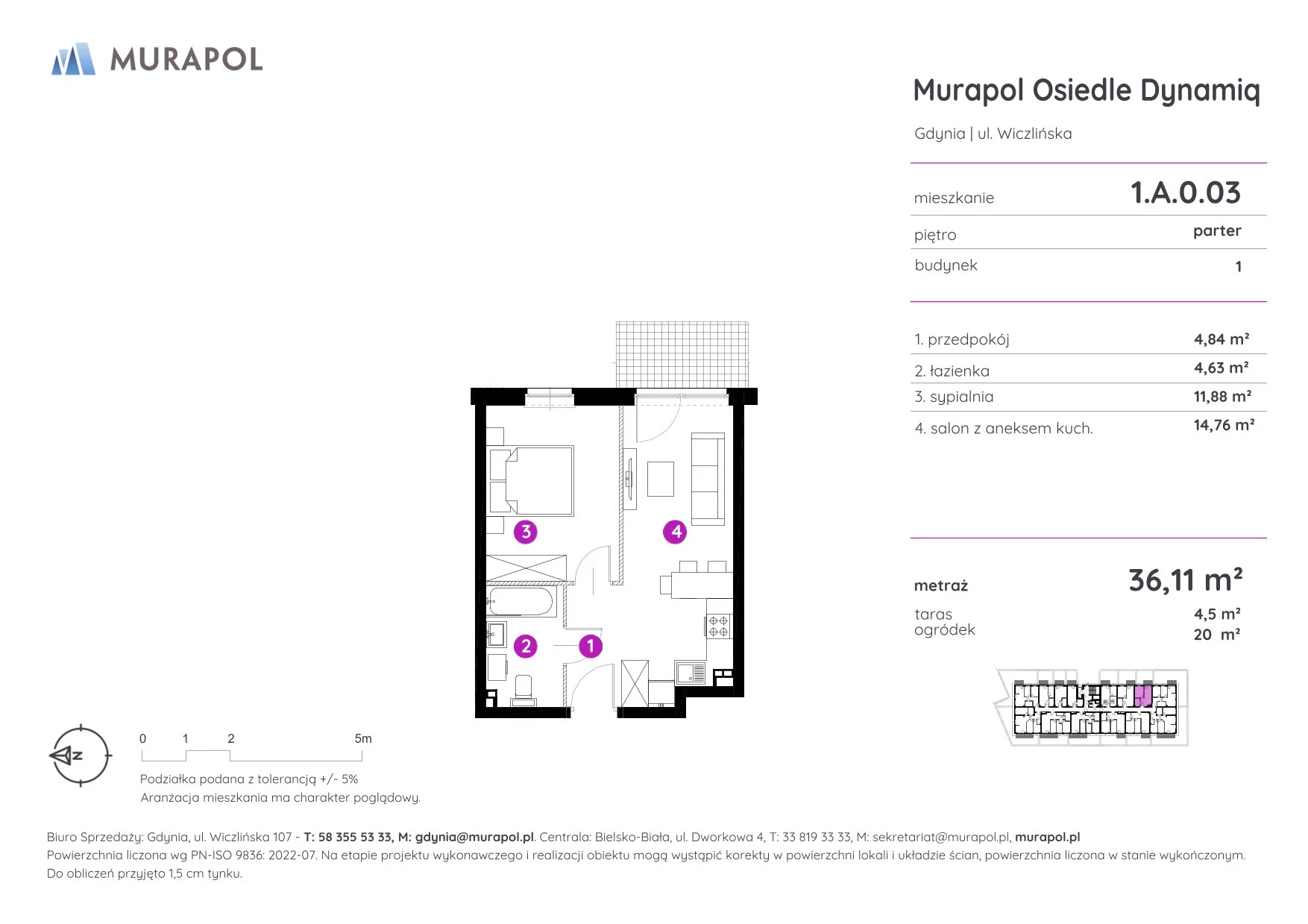 Mieszkanie 36,11 m², parter, oferta nr 1.A.0.03, Murapol Osiedle Dynamiq, Gdynia, Chwarzno-Wiczlino, ul. Wiczlińska