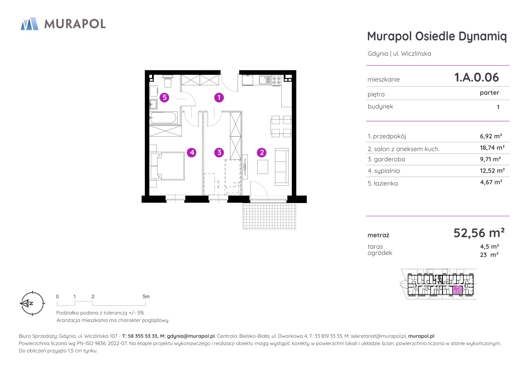 Mieszkanie 52,56 m², parter, oferta nr 1.A.0.06, Murapol Osiedle Dynamiq, Gdynia, Chwarzno-Wiczlino, ul. Wiczlińska