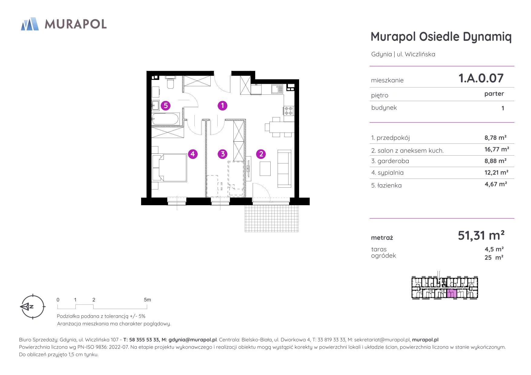 Mieszkanie 51,31 m², parter, oferta nr 1.A.0.07, Murapol Osiedle Dynamiq, Gdynia, Chwarzno-Wiczlino, ul. Wiczlińska