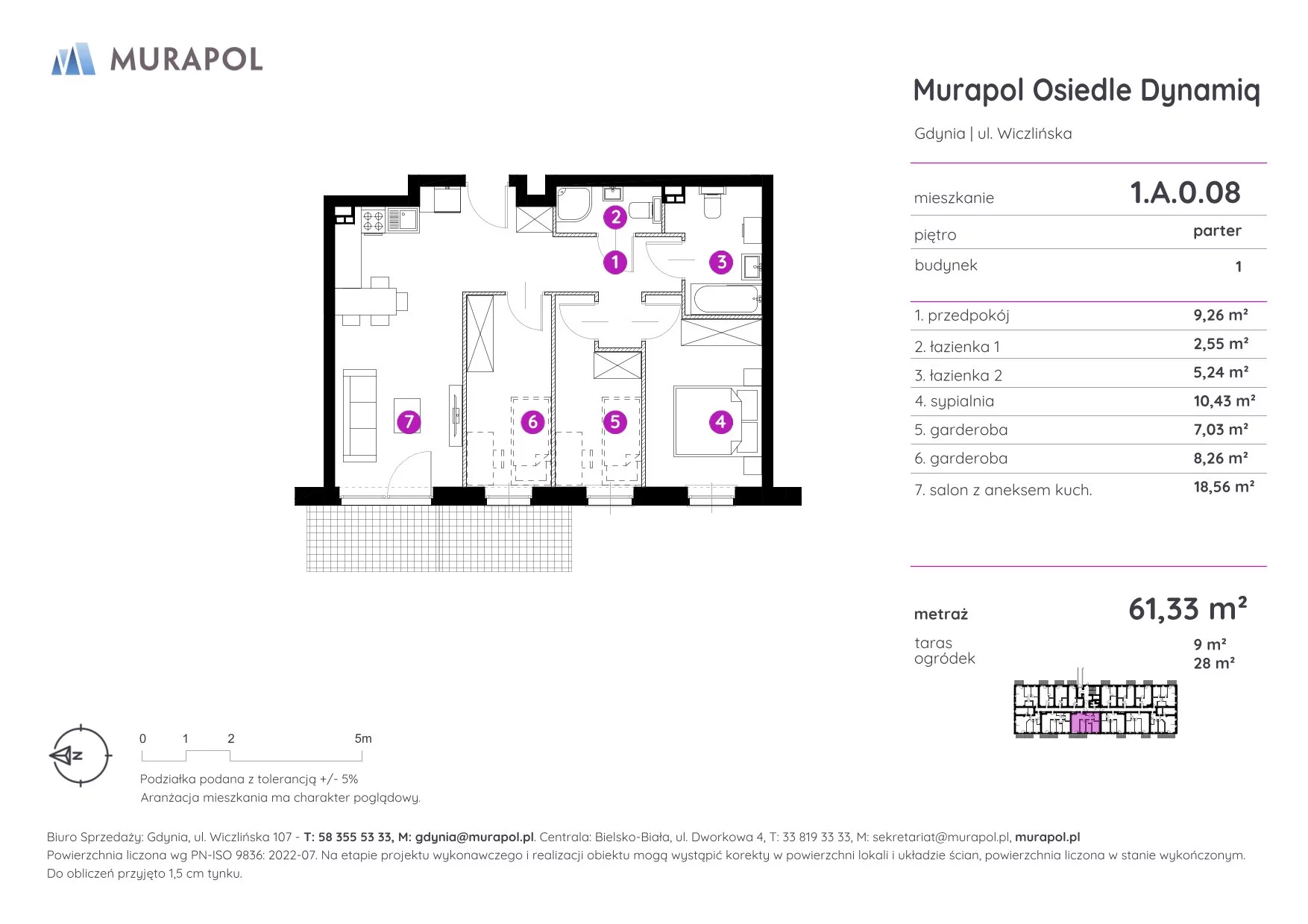 Mieszkanie 61,33 m², parter, oferta nr 1.A.0.08, Murapol Osiedle Dynamiq, Gdynia, Chwarzno-Wiczlino, ul. Wiczlińska