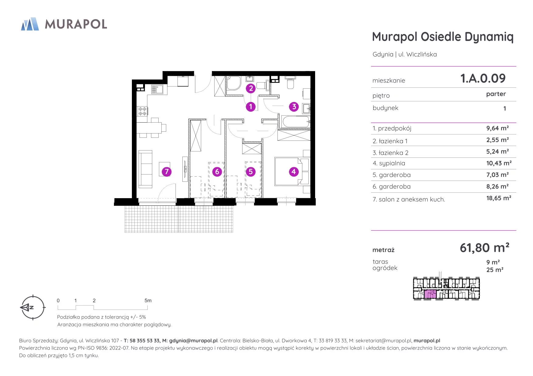 Mieszkanie 61,80 m², parter, oferta nr 1.A.0.09, Murapol Osiedle Dynamiq, Gdynia, Chwarzno-Wiczlino, ul. Wiczlińska