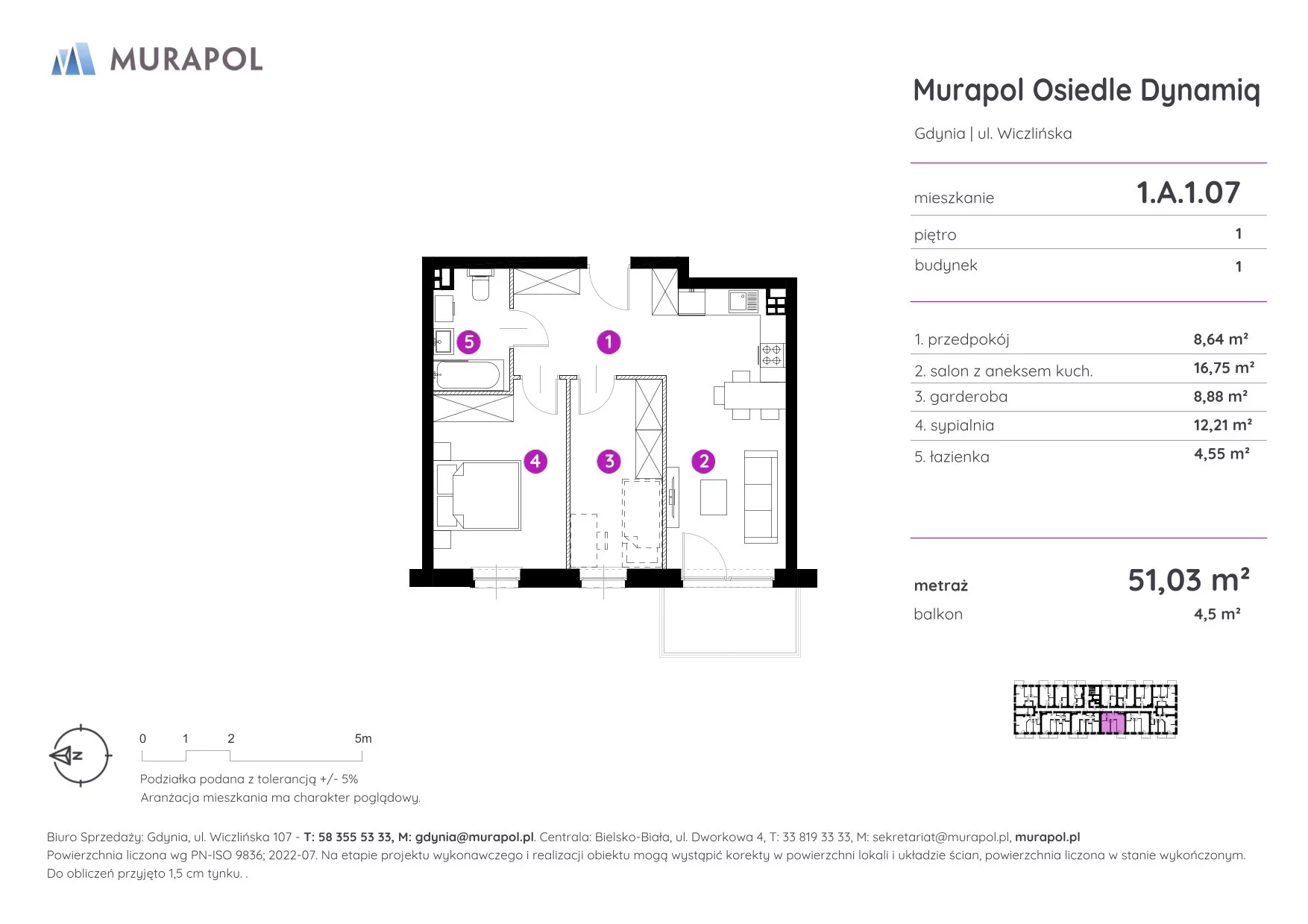 2 pokoje, mieszkanie 51,03 m², piętro 1, oferta nr 1.A.1.07, Murapol Osiedle Dynamiq, Gdynia, Chwarzno-Wiczlino, ul. Wiczlińska