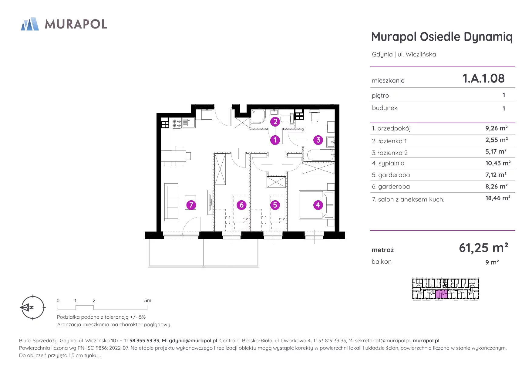 Mieszkanie 61,25 m², piętro 1, oferta nr 1.A.1.08, Murapol Osiedle Dynamiq, Gdynia, Chwarzno-Wiczlino, ul. Wiczlińska