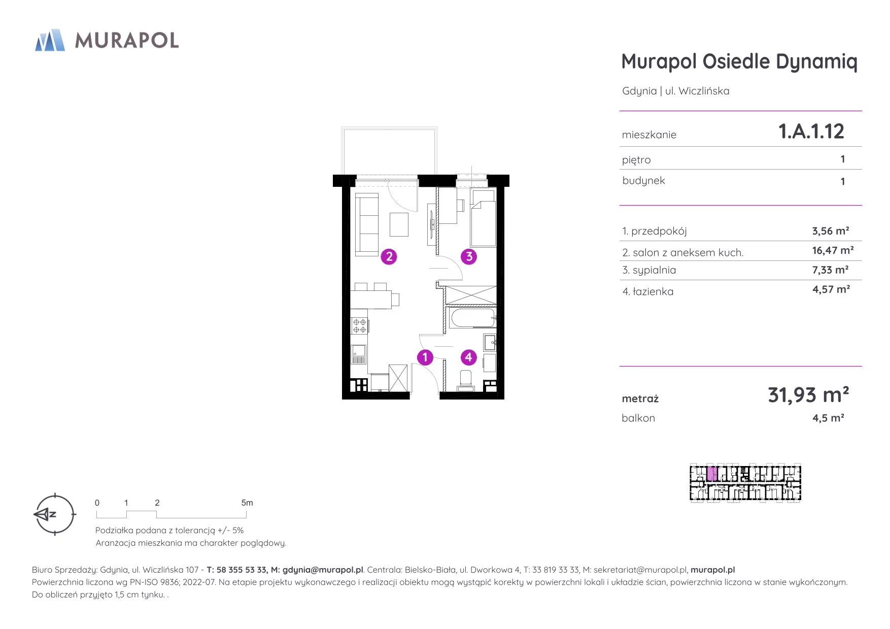 Mieszkanie 31,93 m², piętro 1, oferta nr 1.A.1.12, Murapol Osiedle Dynamiq, Gdynia, Chwarzno-Wiczlino, ul. Wiczlińska