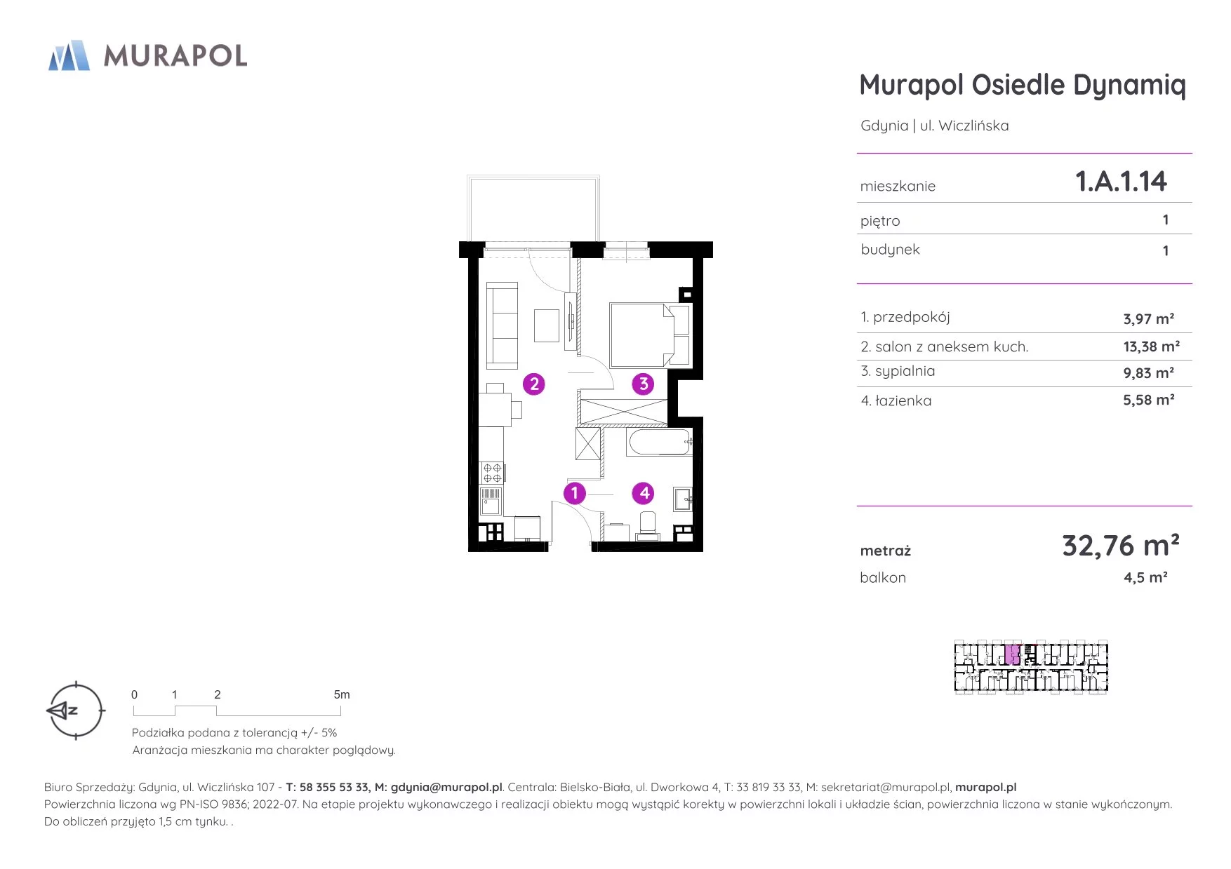 Mieszkanie 32,76 m², piętro 1, oferta nr 1.A.1.14, Murapol Osiedle Dynamiq, Gdynia, Chwarzno-Wiczlino, ul. Wiczlińska