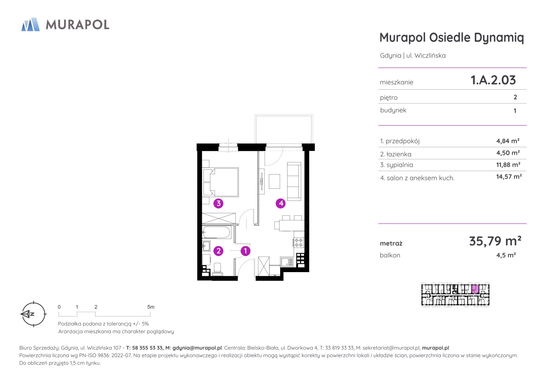 Mieszkanie 35,79 m², piętro 2, oferta nr 1.A.2.03, Murapol Osiedle Dynamiq, Gdynia, Chwarzno-Wiczlino, ul. Wiczlińska