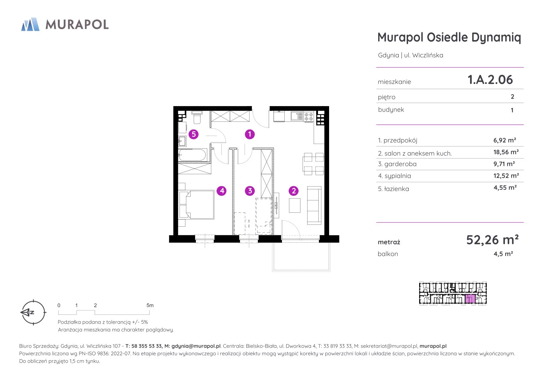 Mieszkanie 52,26 m², piętro 2, oferta nr 1.A.2.06, Murapol Osiedle Dynamiq, Gdynia, Chwarzno-Wiczlino, ul. Wiczlińska