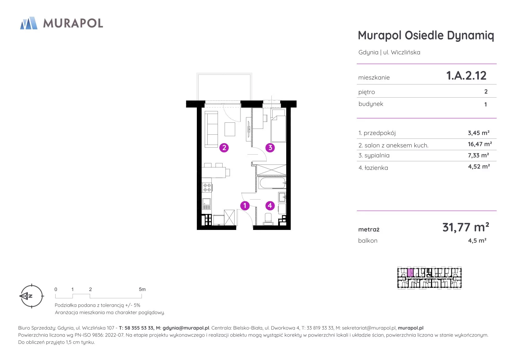 Mieszkanie 31,77 m², piętro 2, oferta nr 1.A.2.12, Murapol Osiedle Dynamiq, Gdynia, Chwarzno-Wiczlino, ul. Wiczlińska