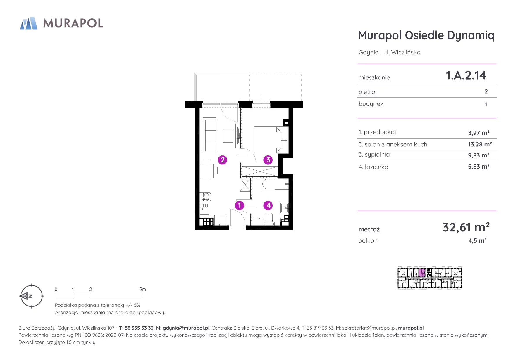 Mieszkanie 32,61 m², piętro 2, oferta nr 1.A.2.14, Murapol Osiedle Dynamiq, Gdynia, Chwarzno-Wiczlino, ul. Wiczlińska