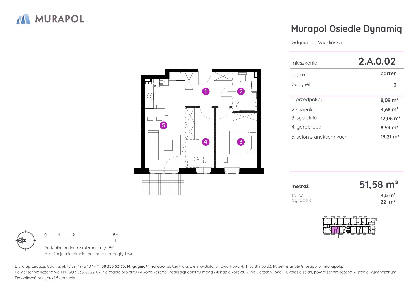 Mieszkanie 51,58 m², parter, oferta nr 2.A.0.02, Murapol Osiedle Dynamiq, Gdynia, Chwarzno-Wiczlino, ul. Wiczlińska