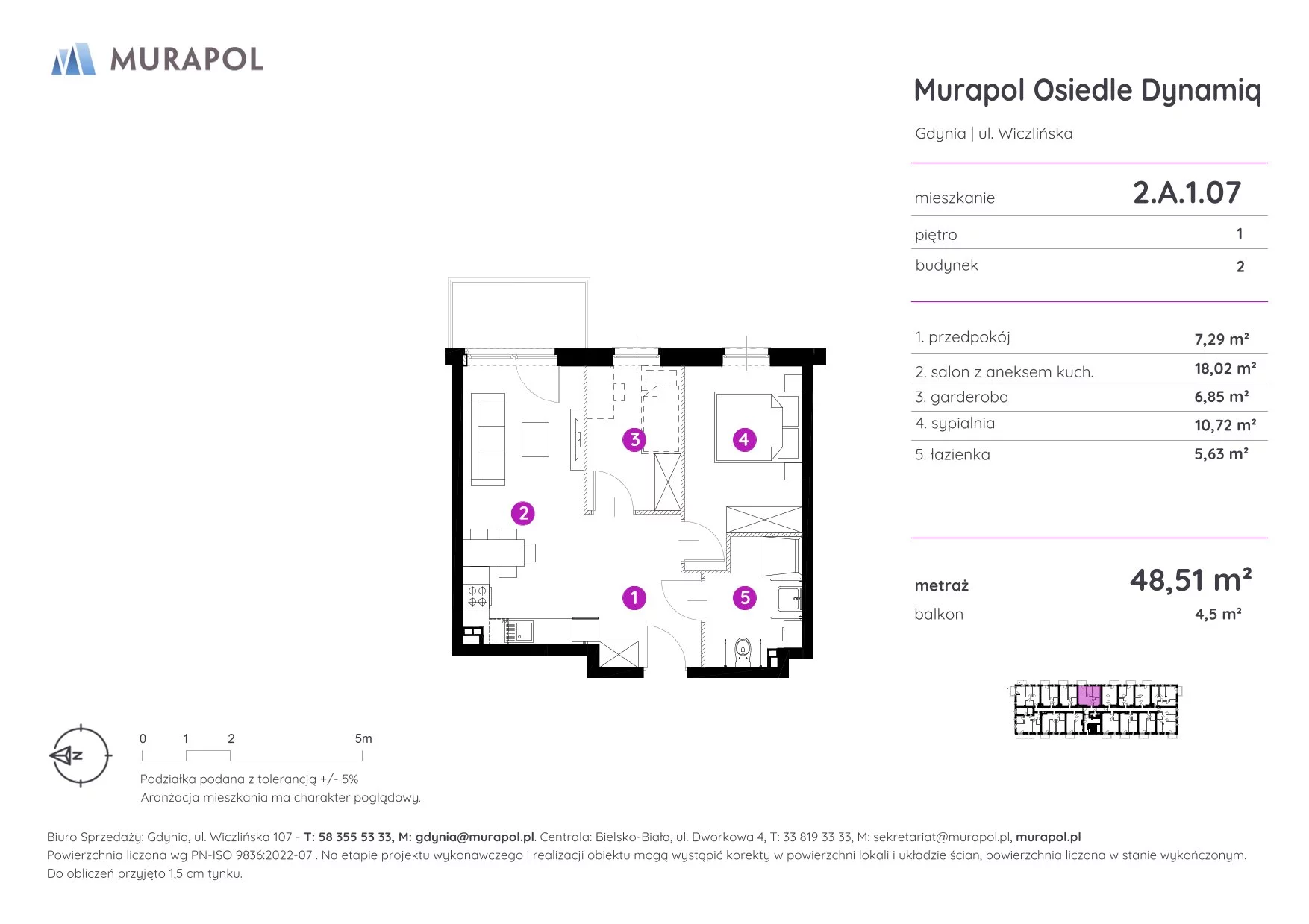 Mieszkanie 48,51 m², piętro 1, oferta nr 2.A.1.07, Murapol Osiedle Dynamiq, Gdynia, Chwarzno-Wiczlino, ul. Wiczlińska