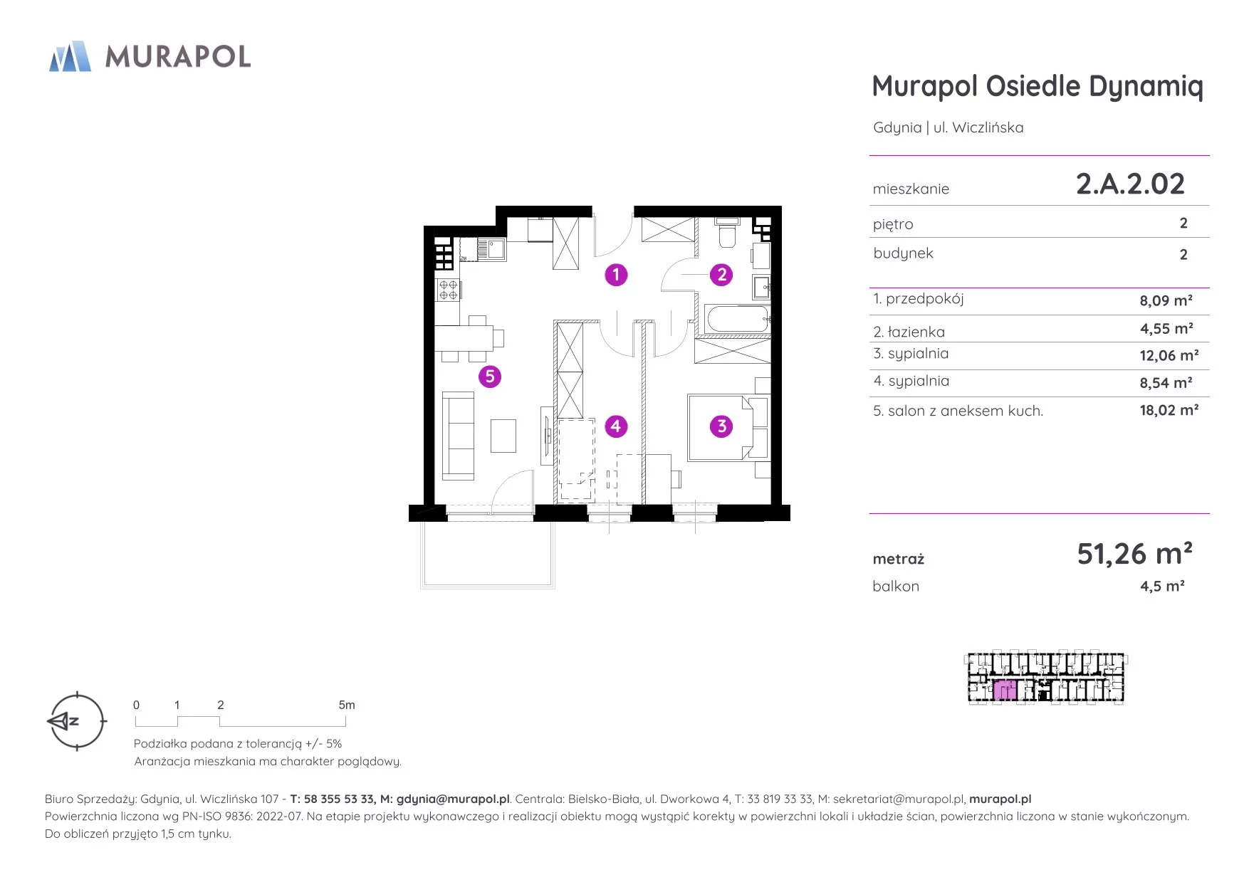 Mieszkanie 51,26 m², piętro 2, oferta nr 2.A.2.02, Murapol Osiedle Dynamiq, Gdynia, Chwarzno-Wiczlino, ul. Wiczlińska