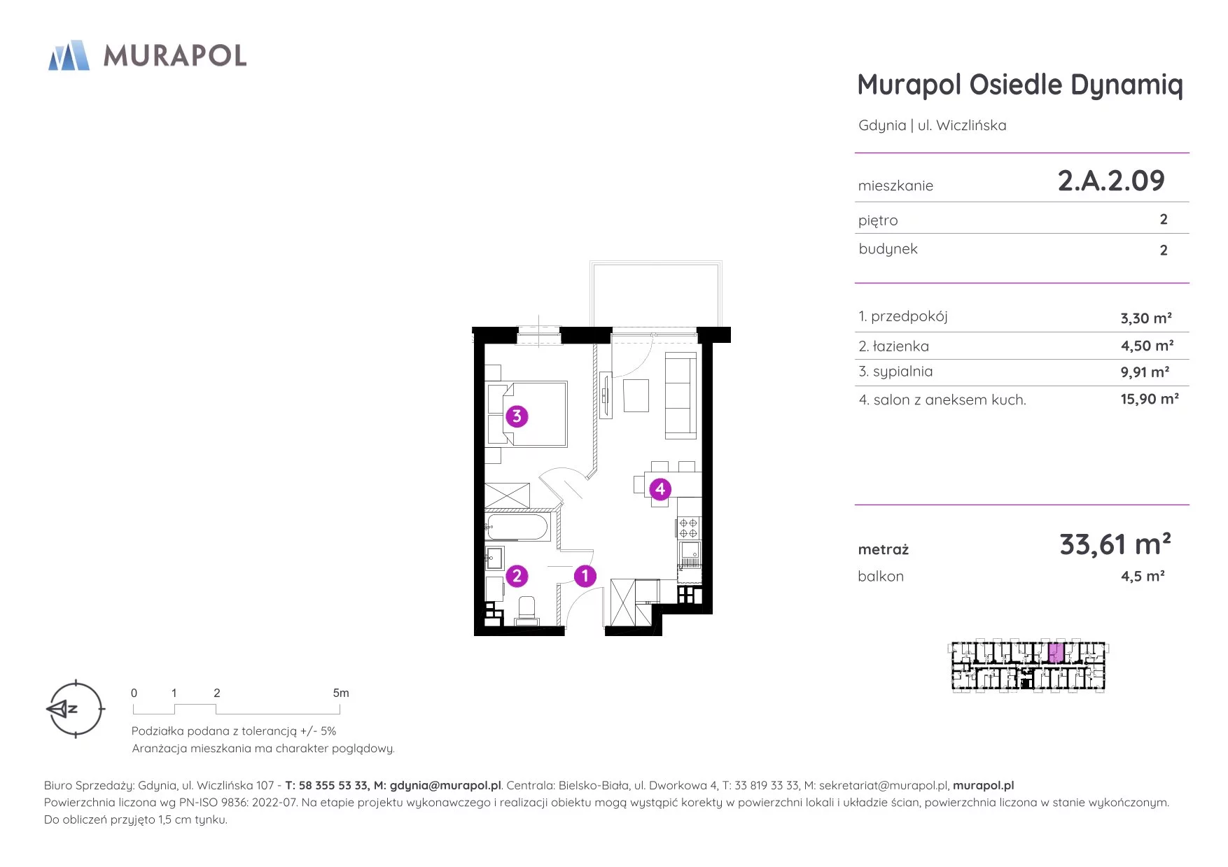 Mieszkanie 33,61 m², piętro 2, oferta nr 2.A.2.09, Murapol Osiedle Dynamiq, Gdynia, Chwarzno-Wiczlino, ul. Wiczlińska