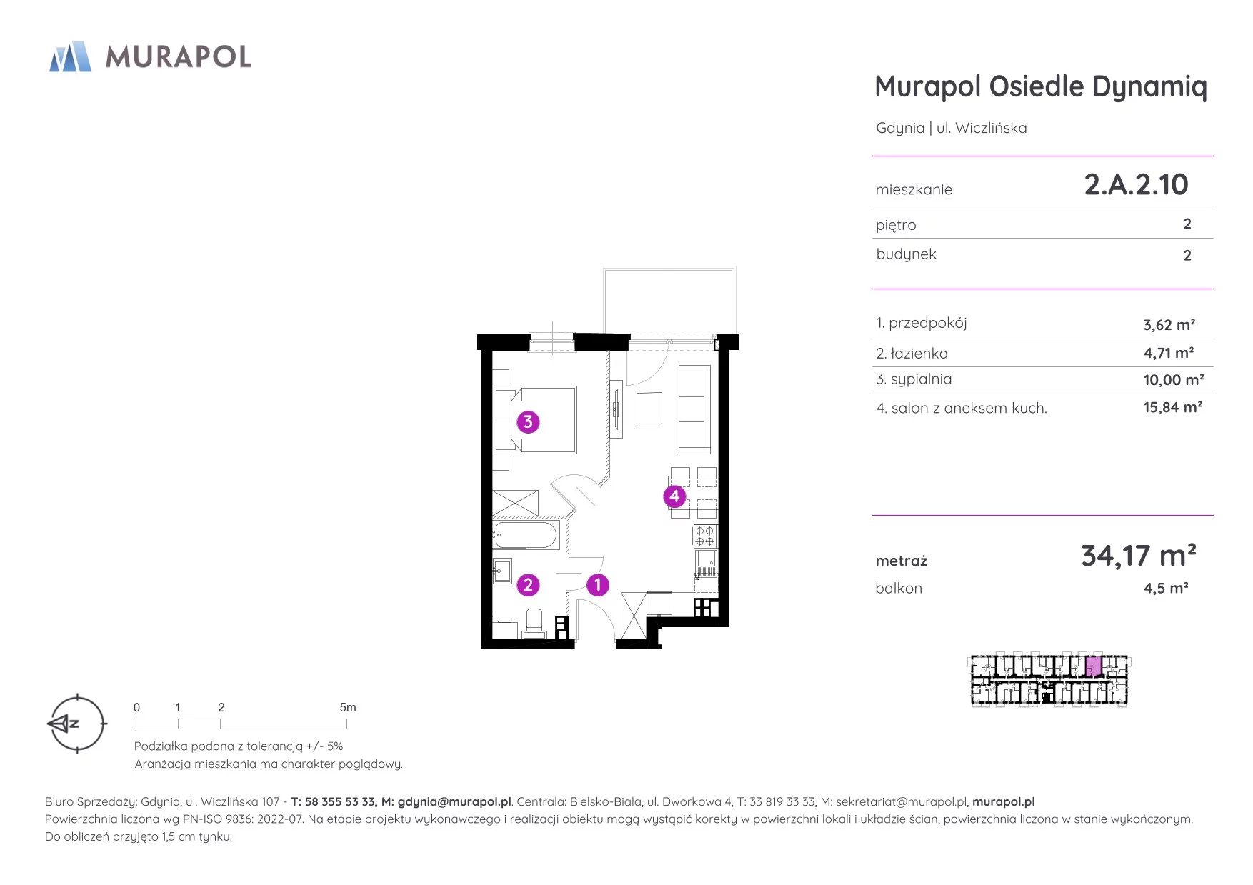 Mieszkanie 34,17 m², piętro 2, oferta nr 2.A.2.10, Murapol Osiedle Dynamiq, Gdynia, Chwarzno-Wiczlino, ul. Wiczlińska