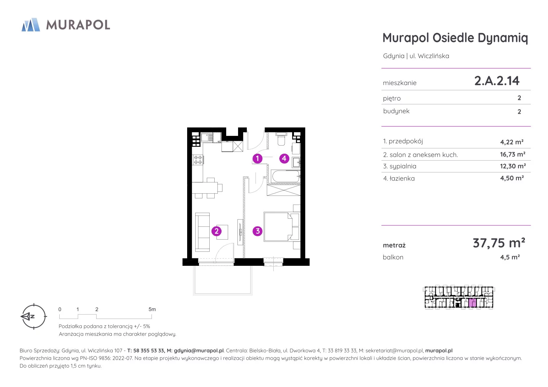 Mieszkanie 37,75 m², piętro 2, oferta nr 2.A.2.14, Murapol Osiedle Dynamiq, Gdynia, Chwarzno-Wiczlino, ul. Wiczlińska