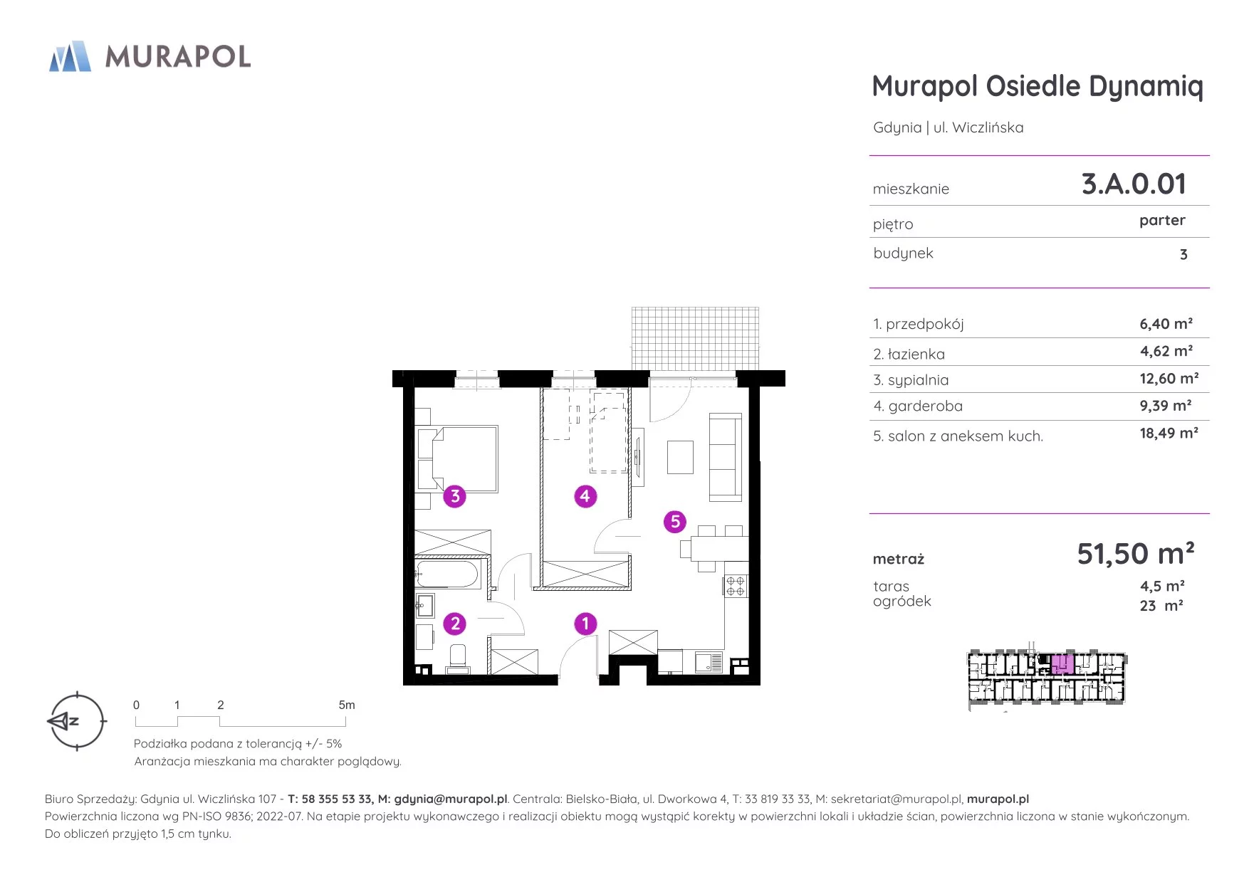 Mieszkanie 51,50 m², parter, oferta nr 3.A.0.01, Murapol Osiedle Dynamiq, Gdynia, Chwarzno-Wiczlino, ul. Wiczlińska