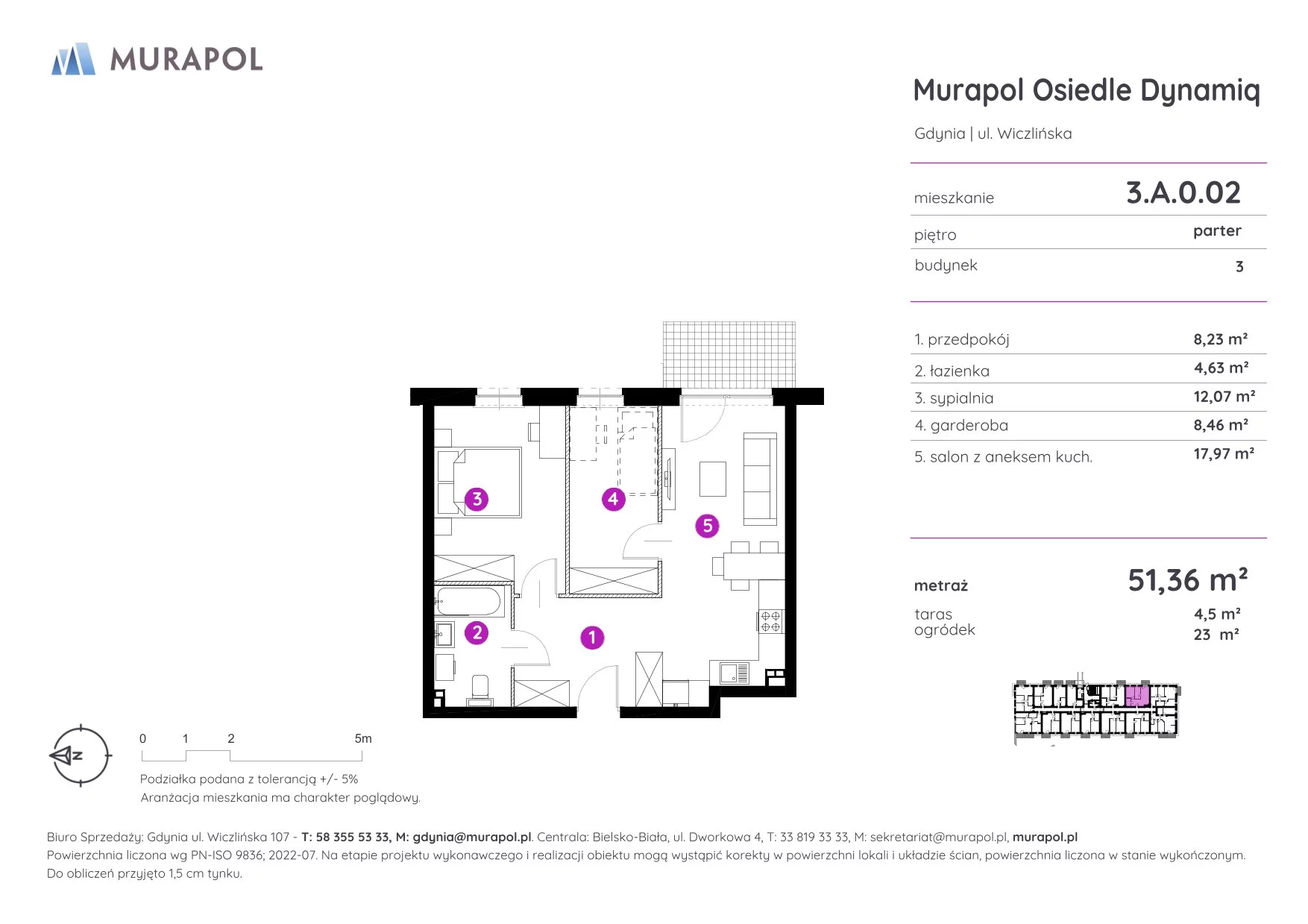 Mieszkanie 51,36 m², parter, oferta nr 3.A.0.02, Murapol Osiedle Dynamiq, Gdynia, Chwarzno-Wiczlino, ul. Wiczlińska