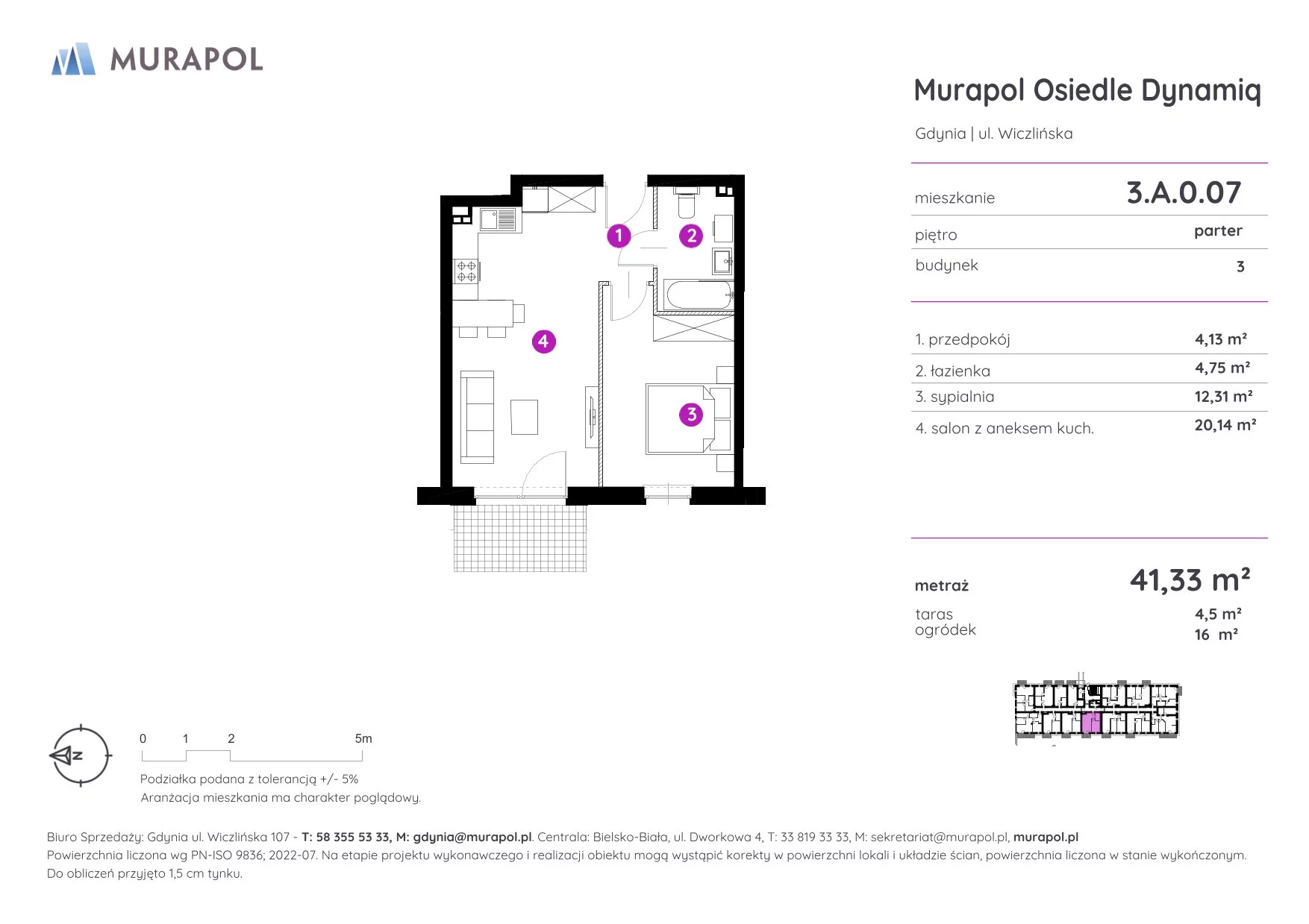 Mieszkanie 41,33 m², parter, oferta nr 3.A.0.07, Murapol Osiedle Dynamiq, Gdynia, Chwarzno-Wiczlino, ul. Wiczlińska